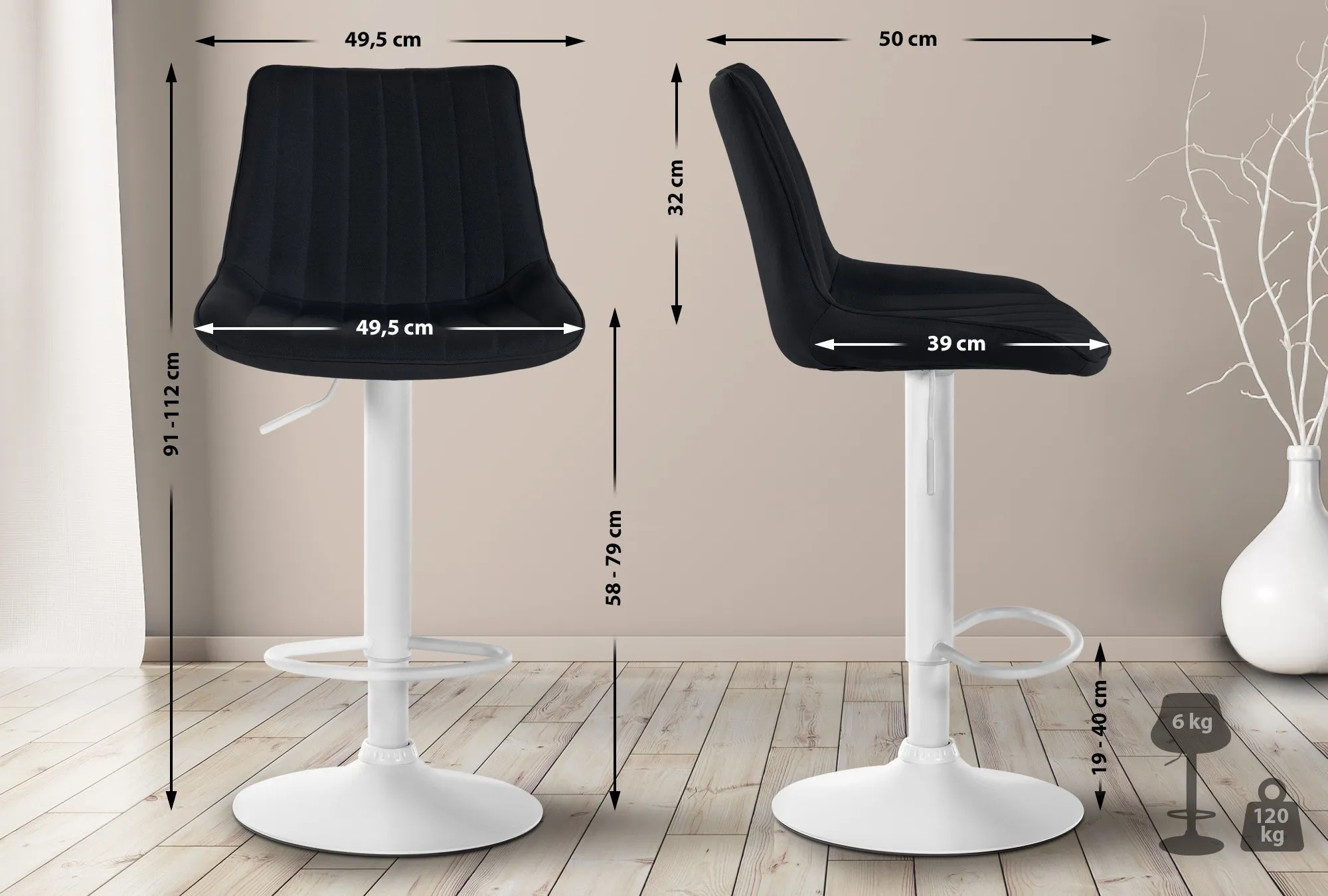 Barhocker Set Toni Stoff 91-112x49,5x50 cm schwarz