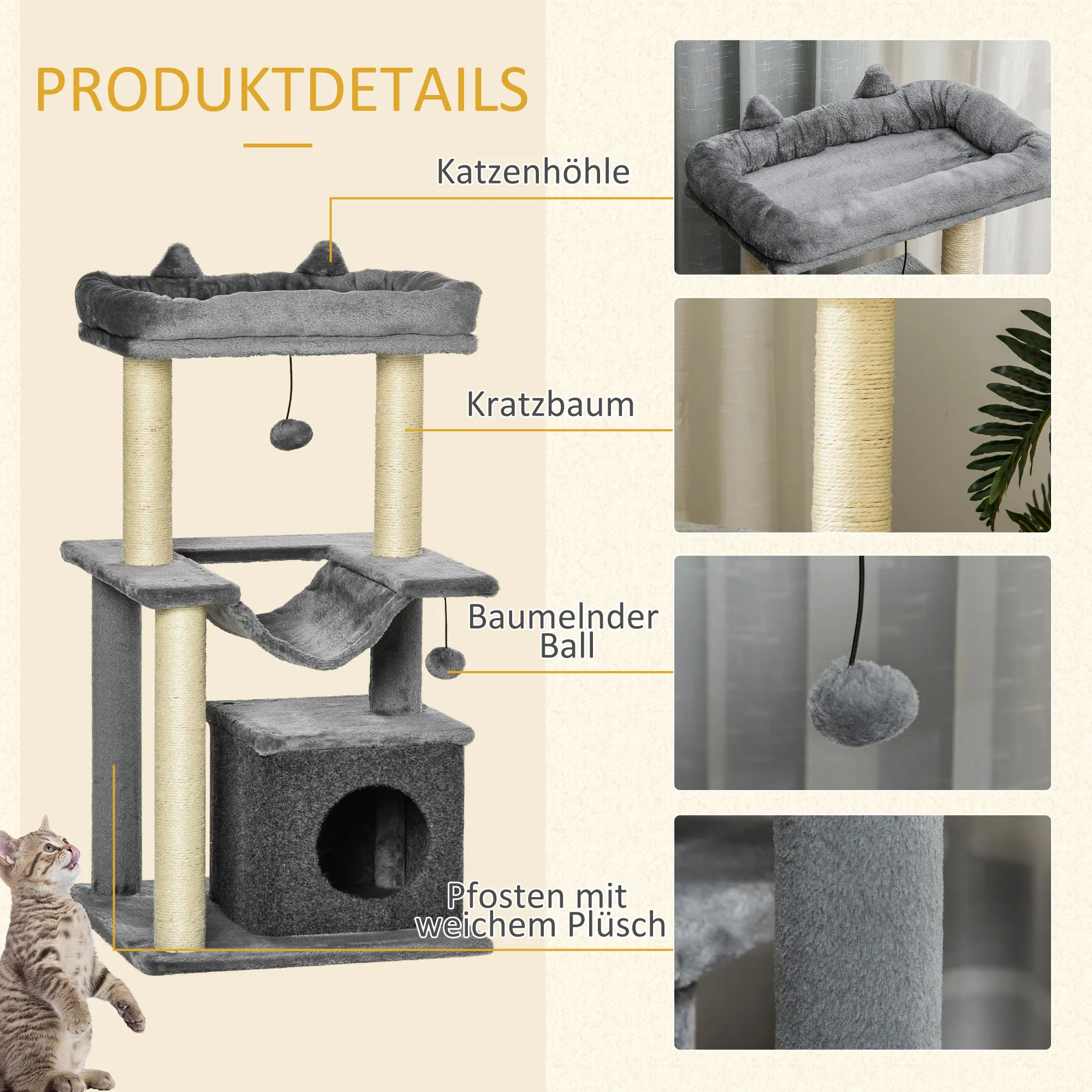 Kratzbaum für Katzen mit Hängematte und Höhle, Plüsch, Grau, 90cm