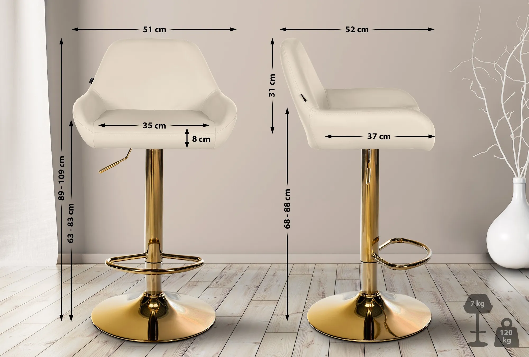 Kunstleder Hocker 51x52x89 cm creme