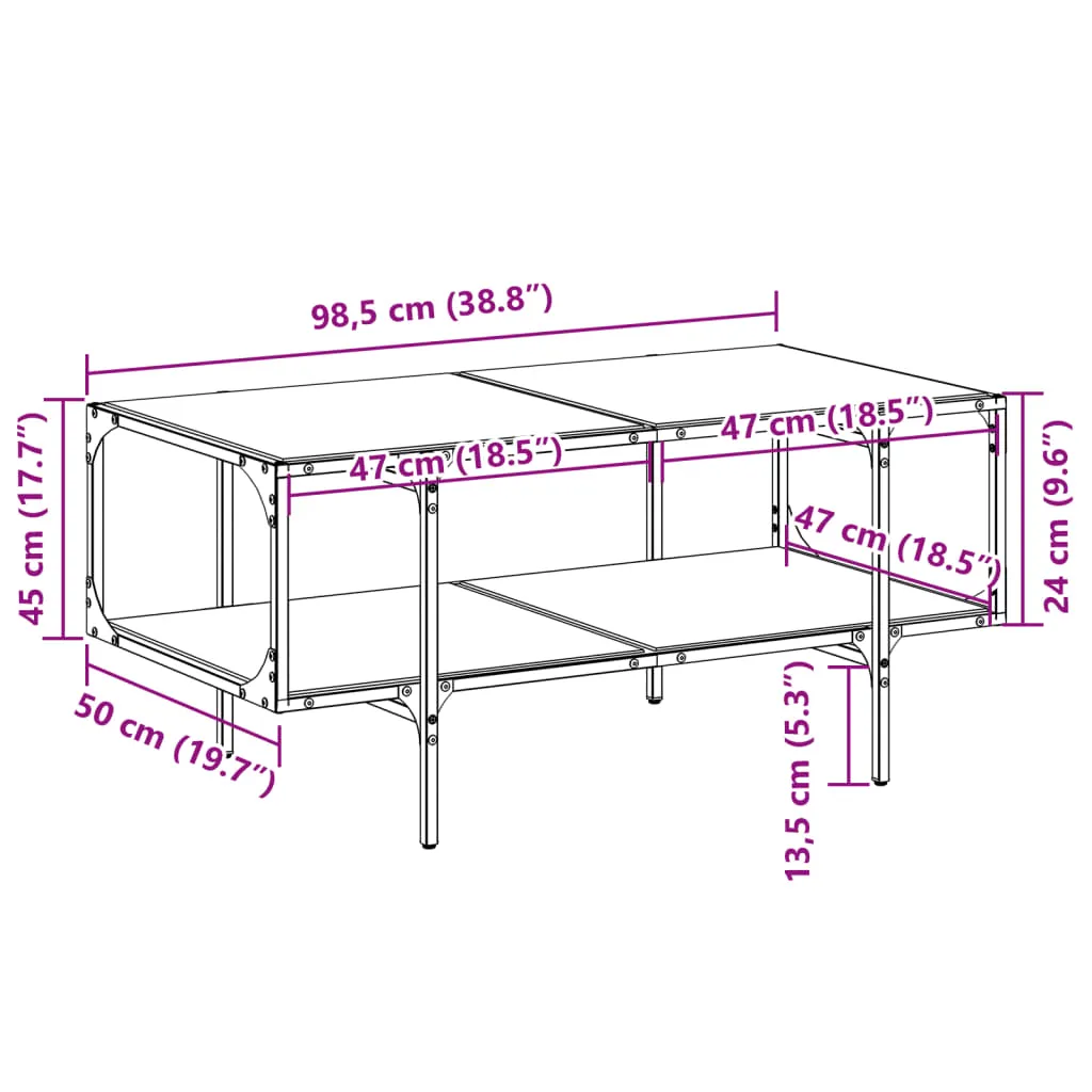 Moderner Couchtisch 98,5x50x45 cm mit transparentem Glas