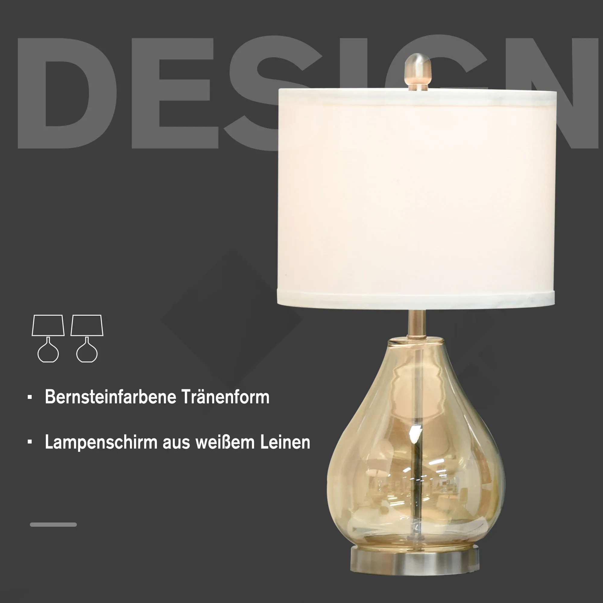 Tischlampe 2er-Set mit Leinen-Lampenschirm, Glas, Weiß, 56 cm