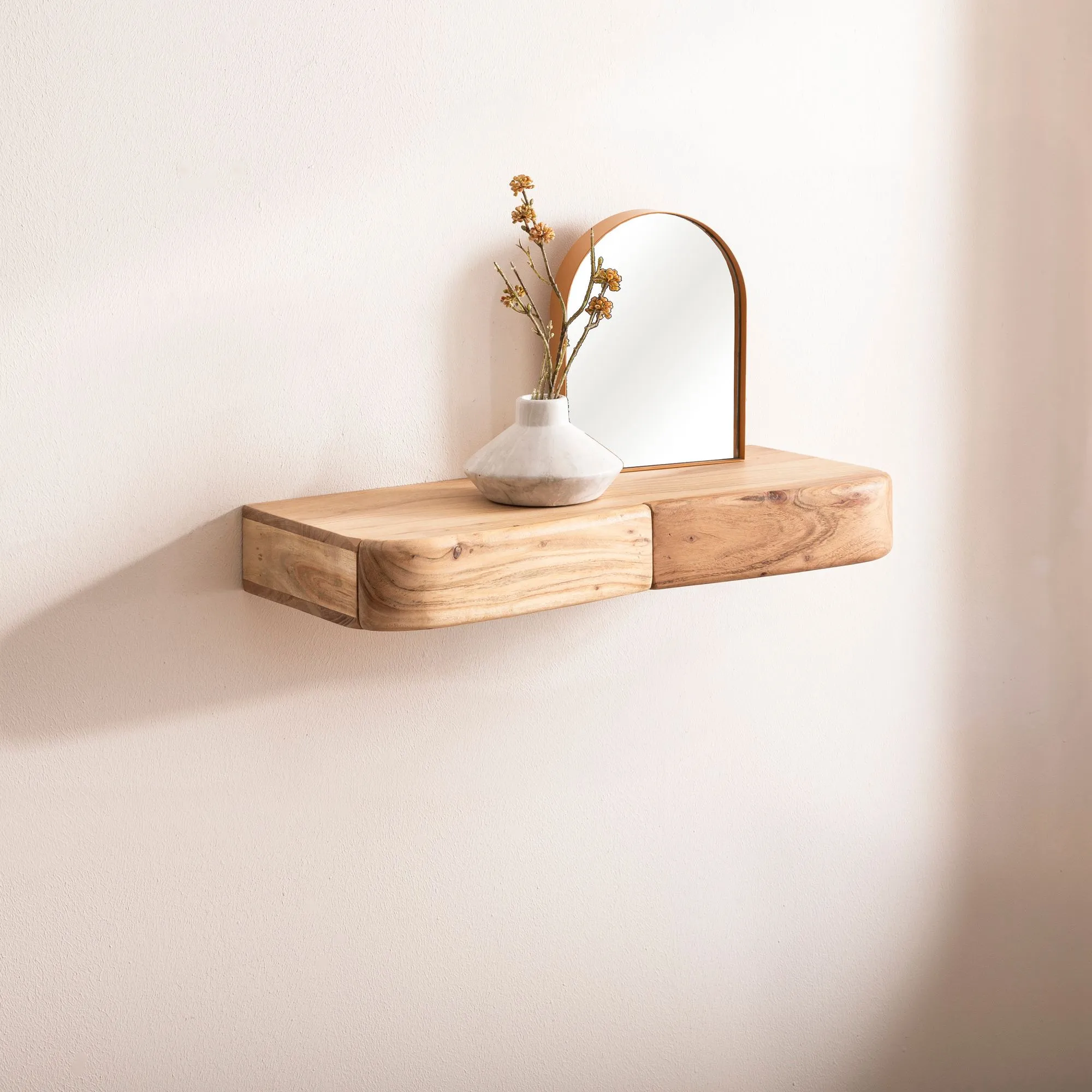 Wandregal Akazie Massivholz 60cm mit zwei Schubladen - Design Regal für die Wand - Holz Wandboard mit Stauraum - Schwebendes Hängeregal aus Echtholz