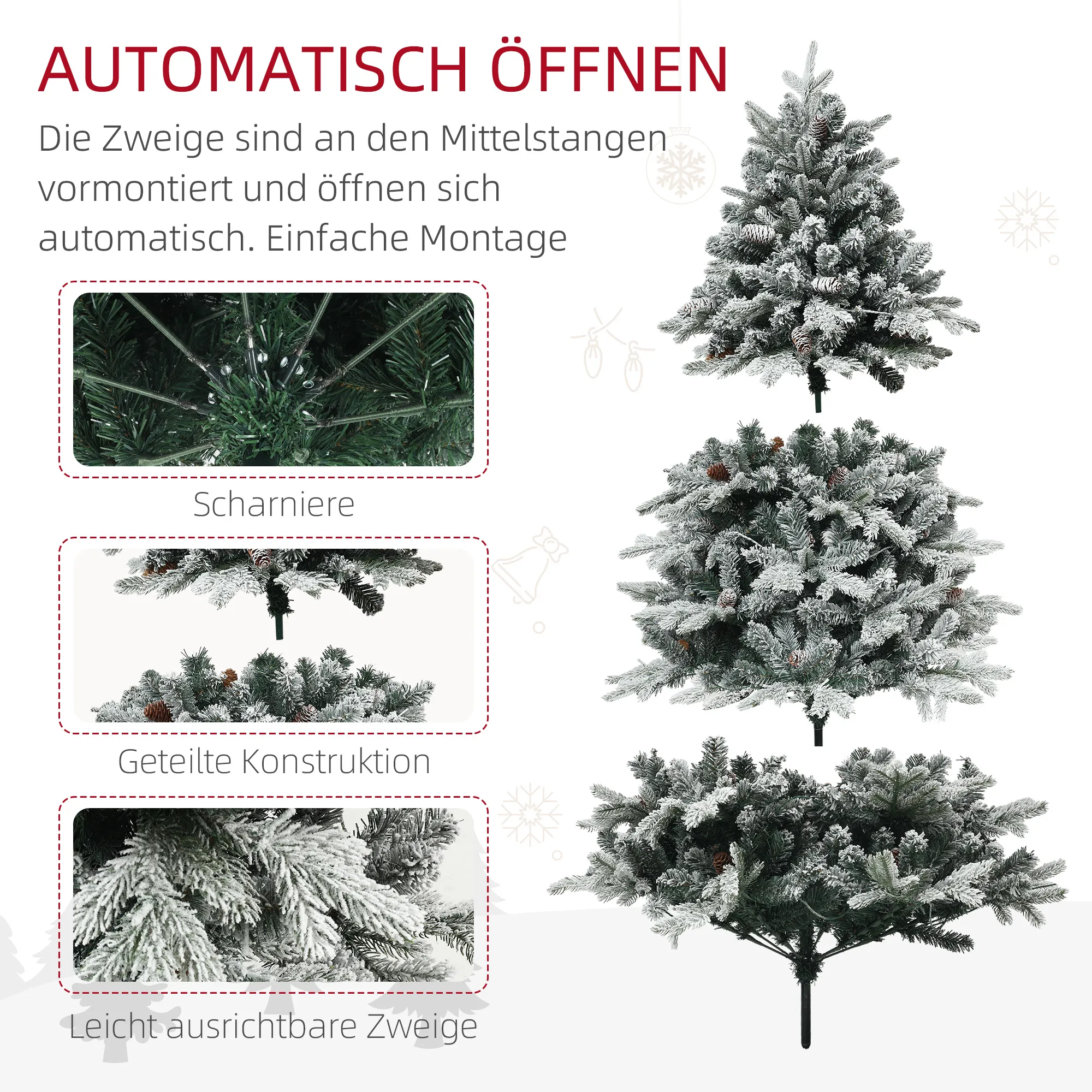 Künstlicher Weihnachtsbaum, 180 cm, LED-Lichter, schneebedeckt, flammenhemmend, Metall