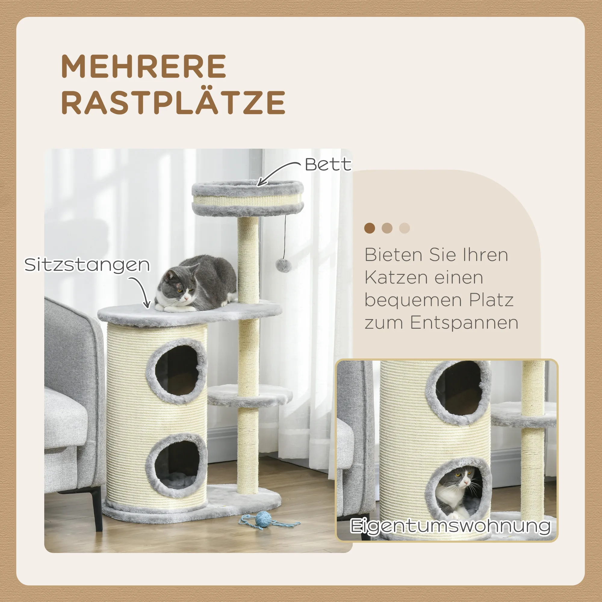 Katzenkratzbaum Grau 59L x 35B x 100H cm mit Katzenbett