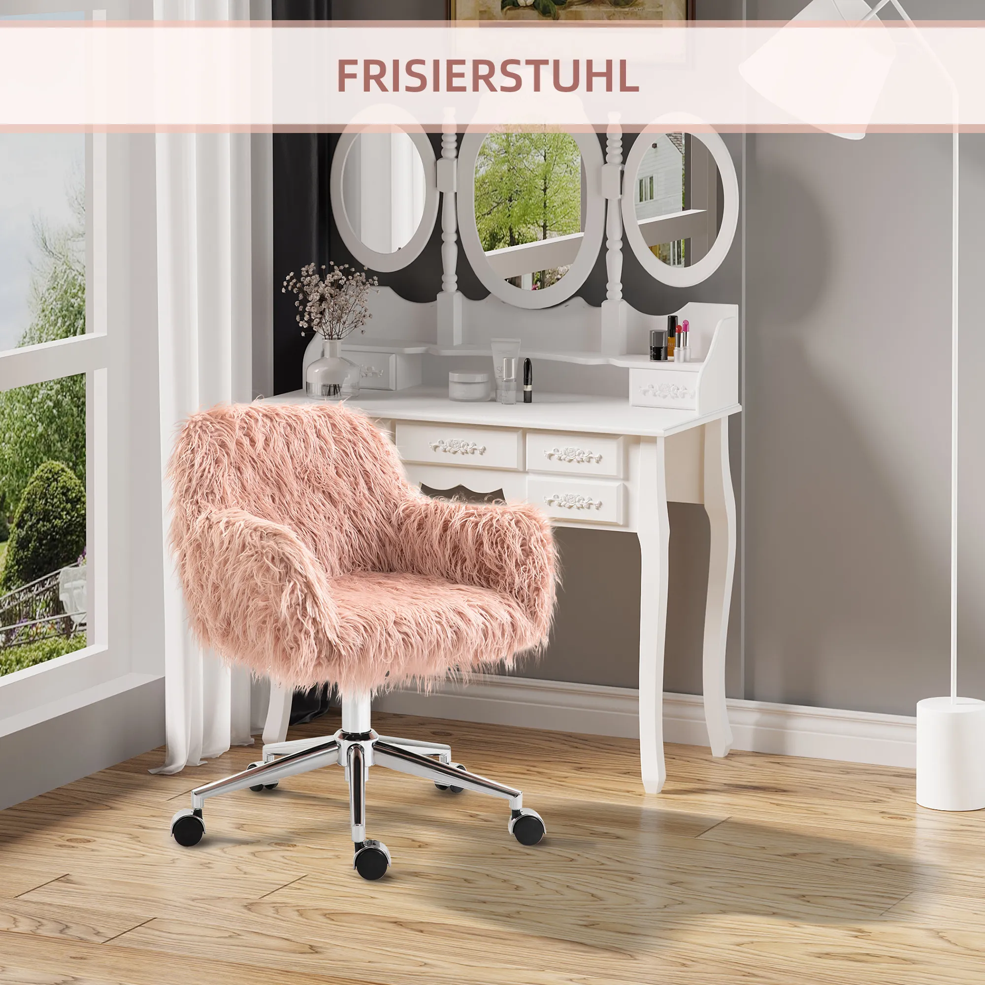 Chefsessel Drehstuhl Computerstuhl Schminkstuhl mit Kunstfell Sitzhöhenverstellung für Mädchen Kunstpelz Schaumstoff Rosa+Silber 57 x 60 x 75-85 cm