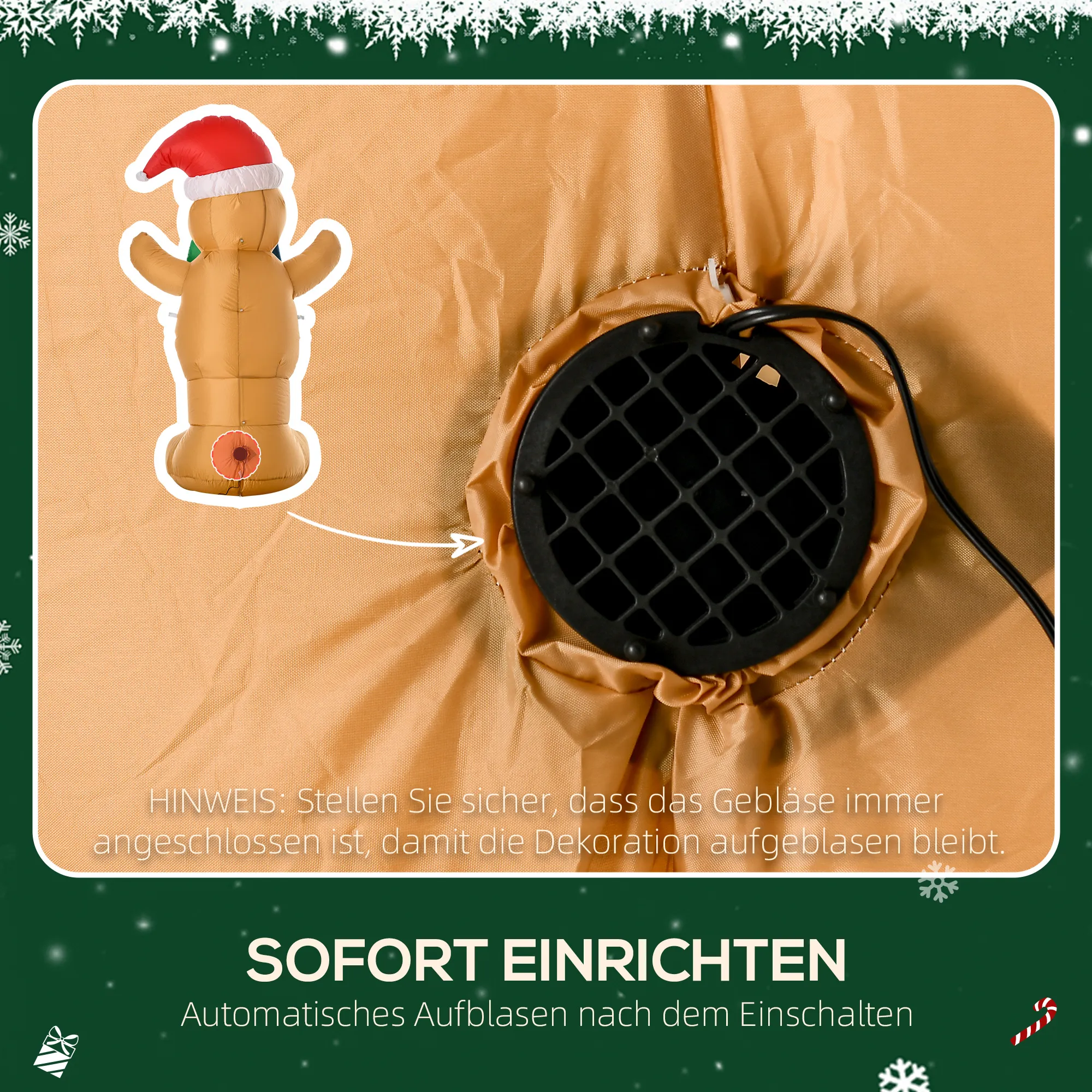 Aufblasbare Weihnachtsdeko 1,83 m Lebkuchenmann mit Schleife, 3 LEDs, internes Gebläse Gartendeko