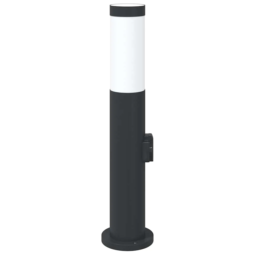 Schwarze Edelstahl Pollerleuchte 11x50 cm mit integrierter Steckdose