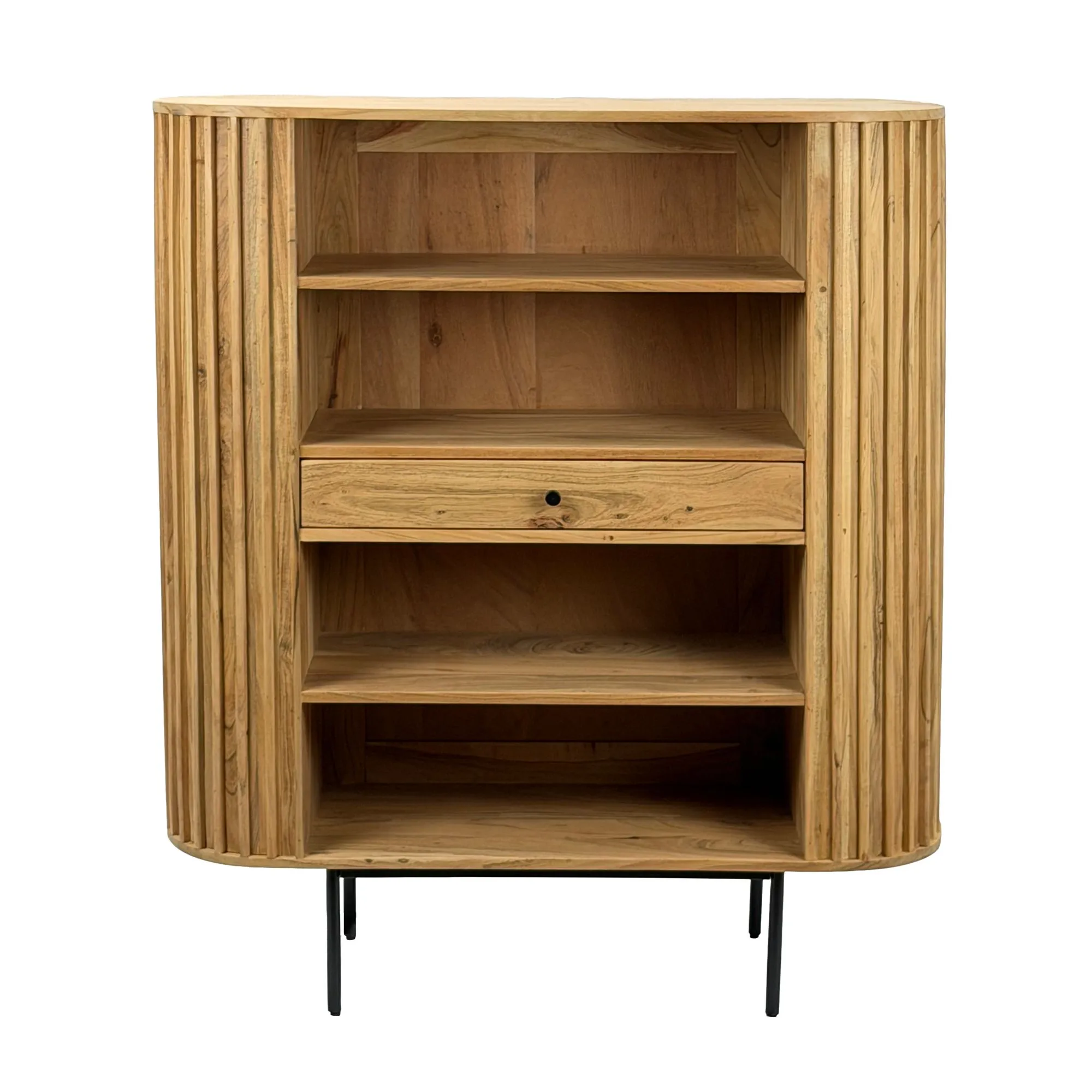 Bücherregal Massivholz Akazie 105x122 cm Lamellen Design - Offenes Standregal mit Schublade - Stauraumregal Metallbeine - Wohnregal Wohnzimmer - Kleiner Schrank Regal Handmade