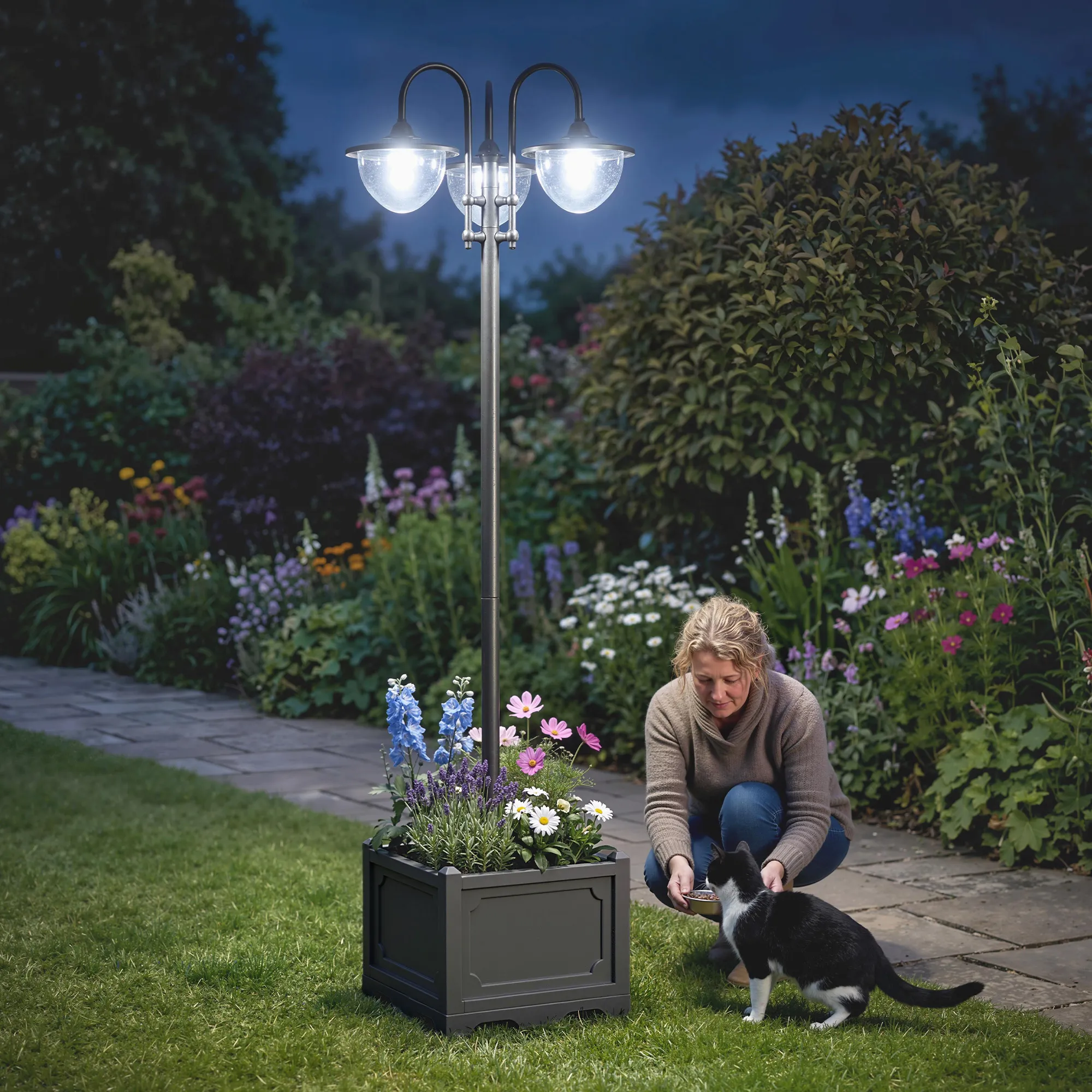 Solarleuchte Gartenlaterne mit Blumentopf-Basis, 189 cm, Schwarz
