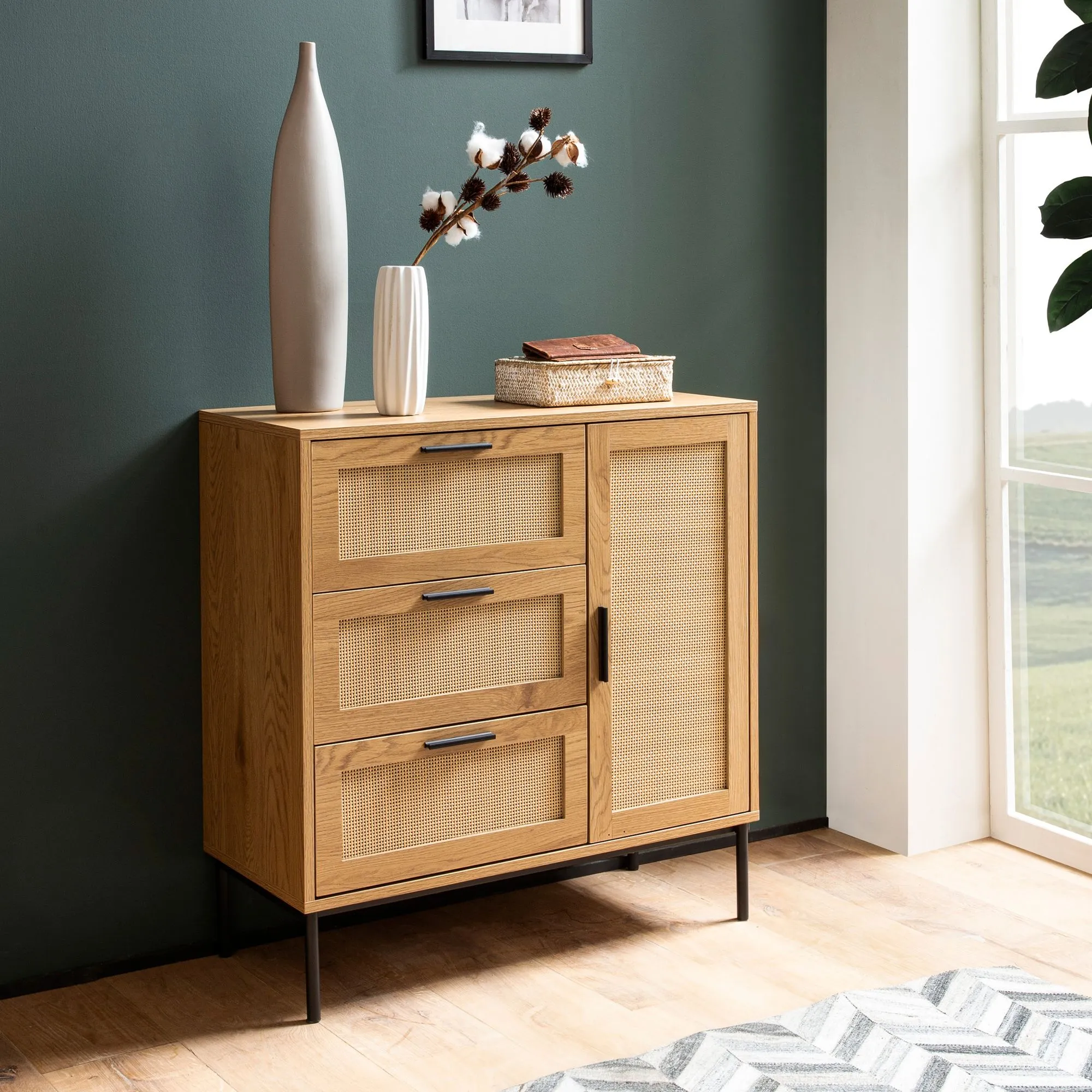 Kommode 80x82x36 cm Flurkommode Eiche-Dekor & Rattan