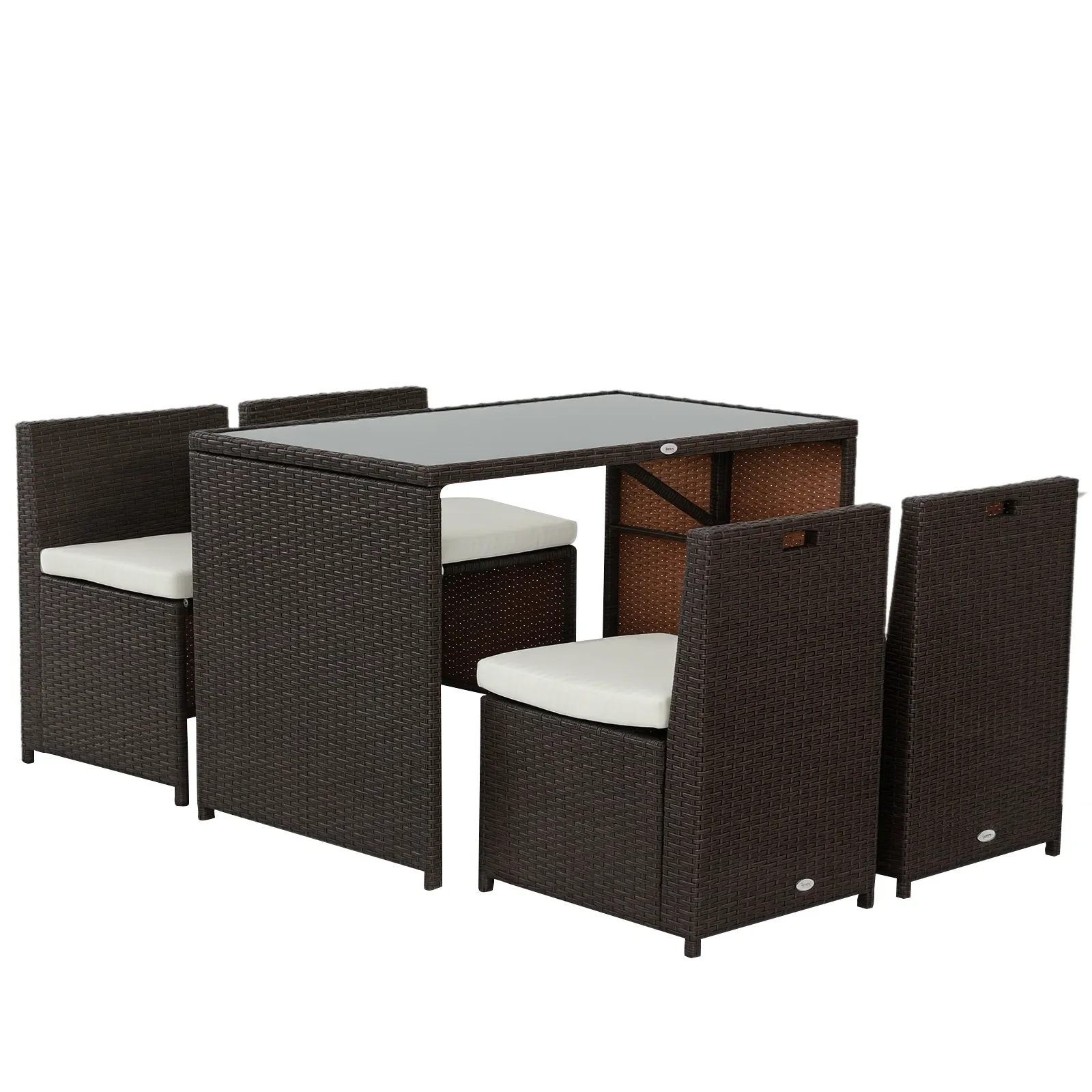 5-teiliges Polyrattan Gartenmöbel-Set, wetterfest Balkonmöbel für 4 Personen Terrassenmöbel mit Tisch 4 Stühle Kissen, Lounge-Set Essgruppe Sitzgruppe für Balkon, Garten, Braun+Khaki