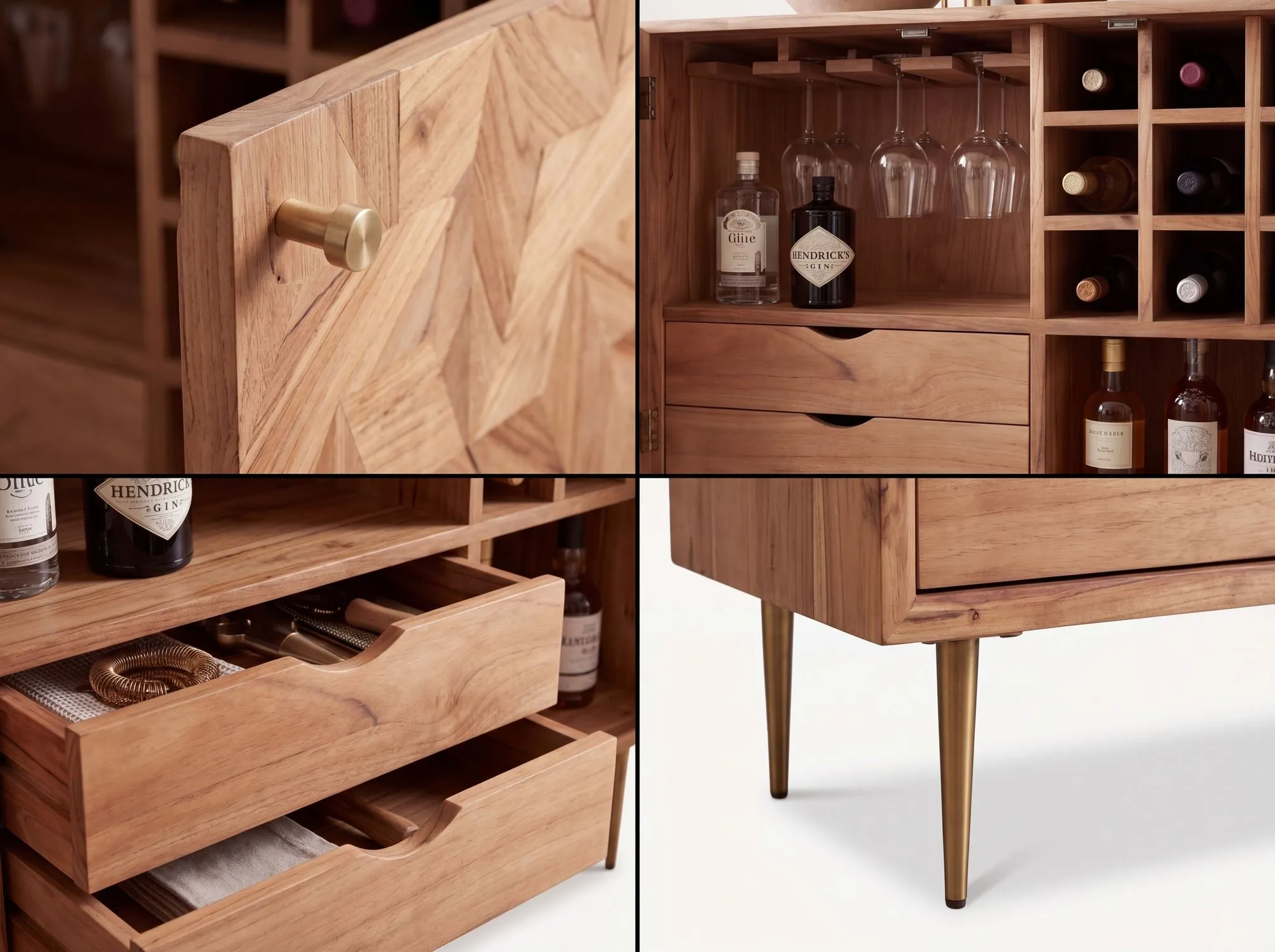 Barschrank Akazie Massivholz 90cm Natur mit Weinregal - Design Hausbar mit Glashalter - Weinschrank Holz mit Türen - Getränkeschrank Weinkommode Holz Bar Wohnzimmer Handmade