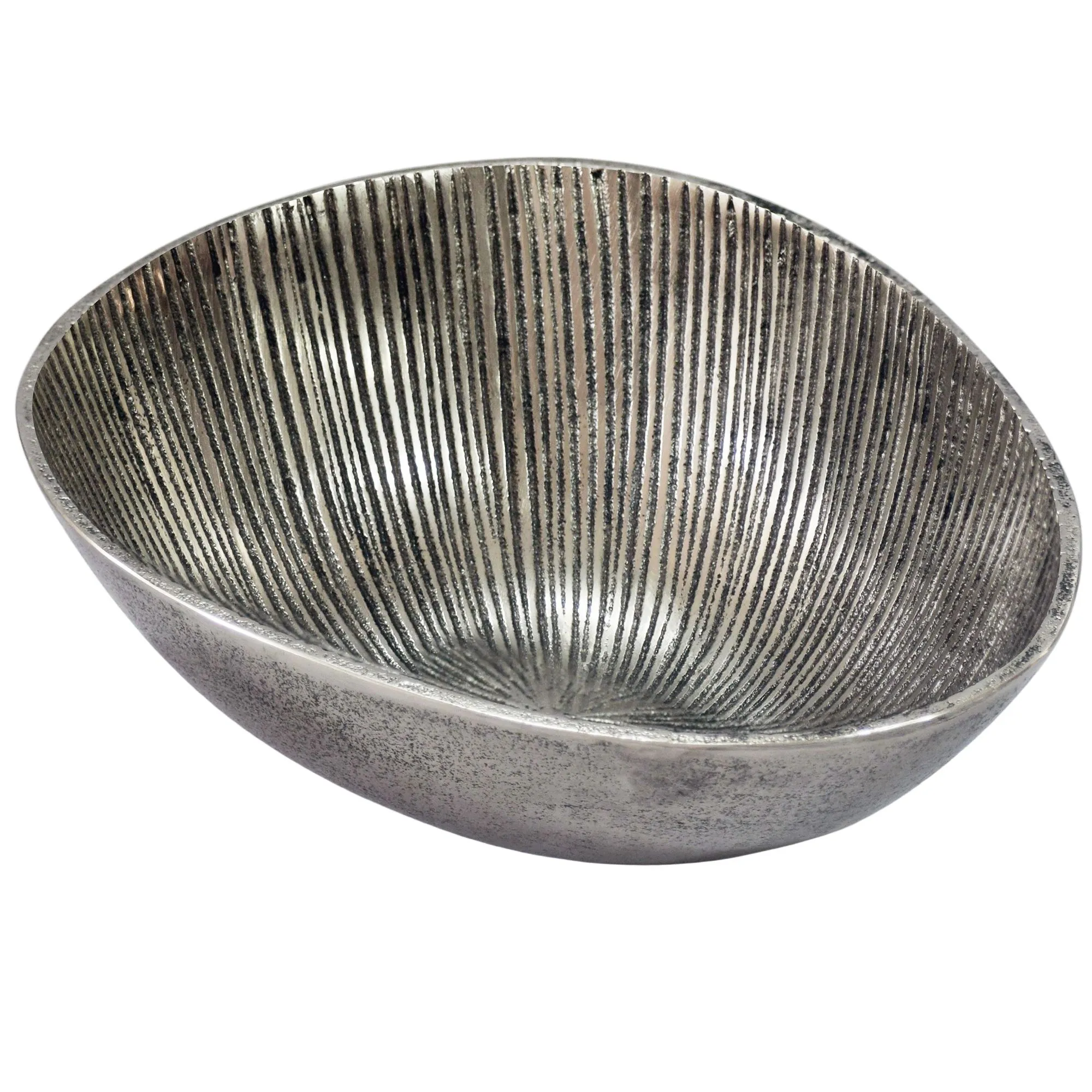 Obstschale Silber Schale Metall 30cm Tischdeko Oval - Moderner Obstkorb Rillen-Design aus Aluminium - Elegante Metallschale - Alu Früchteschale Handmade