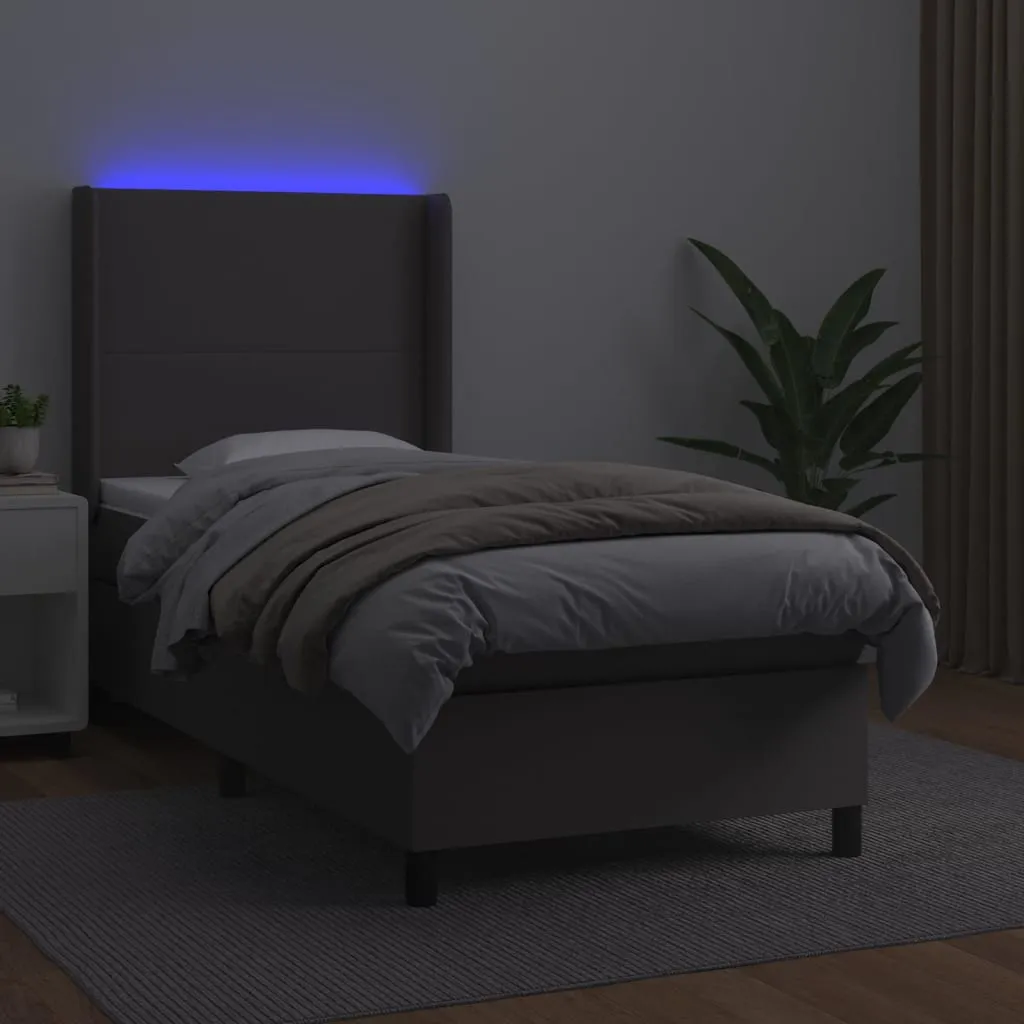 Boxspringbett mit Matratze, LED-Streifen, Kunstleder, Grau, 90x200