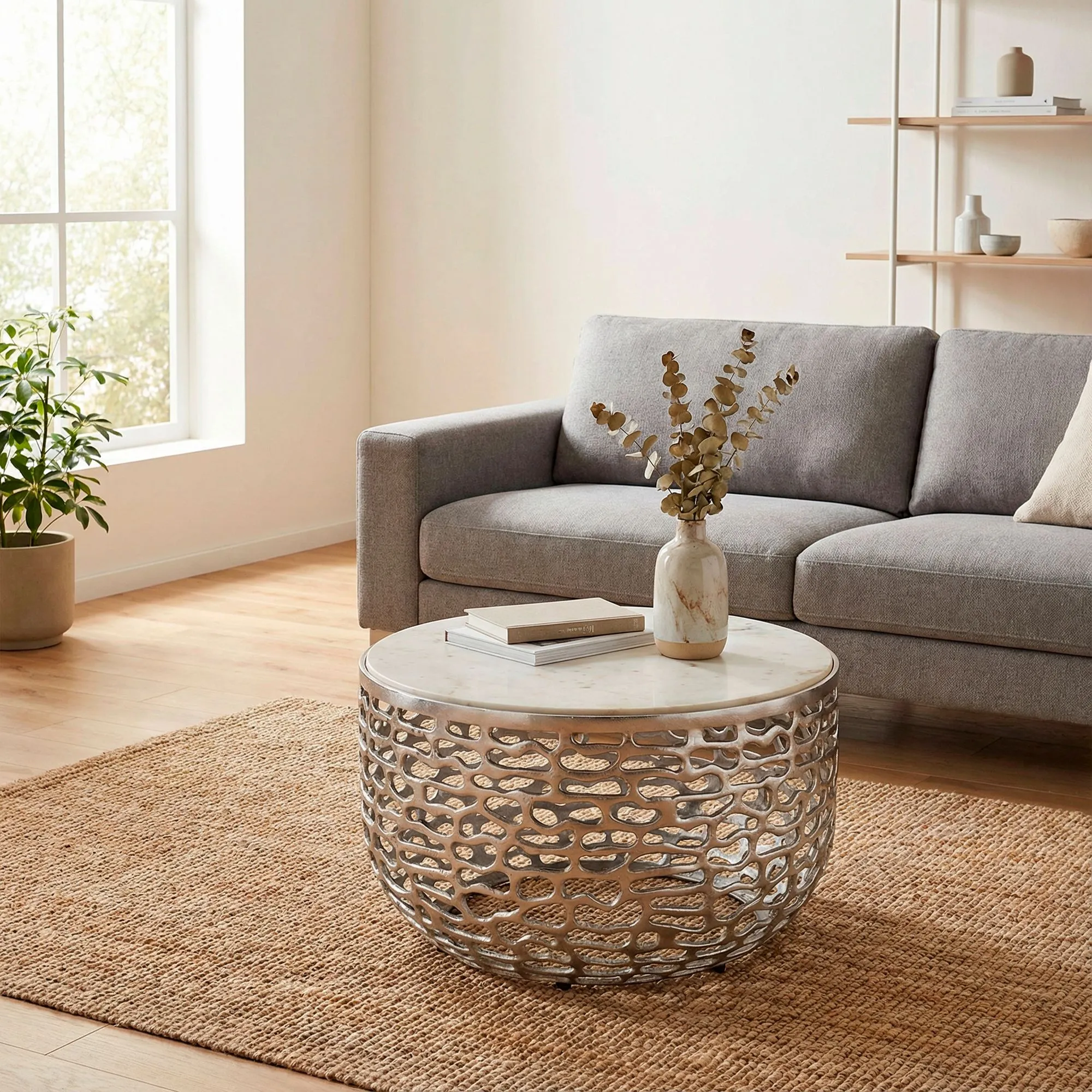 Design Metall Couchtisch Silber mit weißer Marmor Tischplatte 60 cm rund - Aluminium Wohnzimmertisch Modern - Loungetisch Alu Beistelltisch Wohnzimmer Handmade