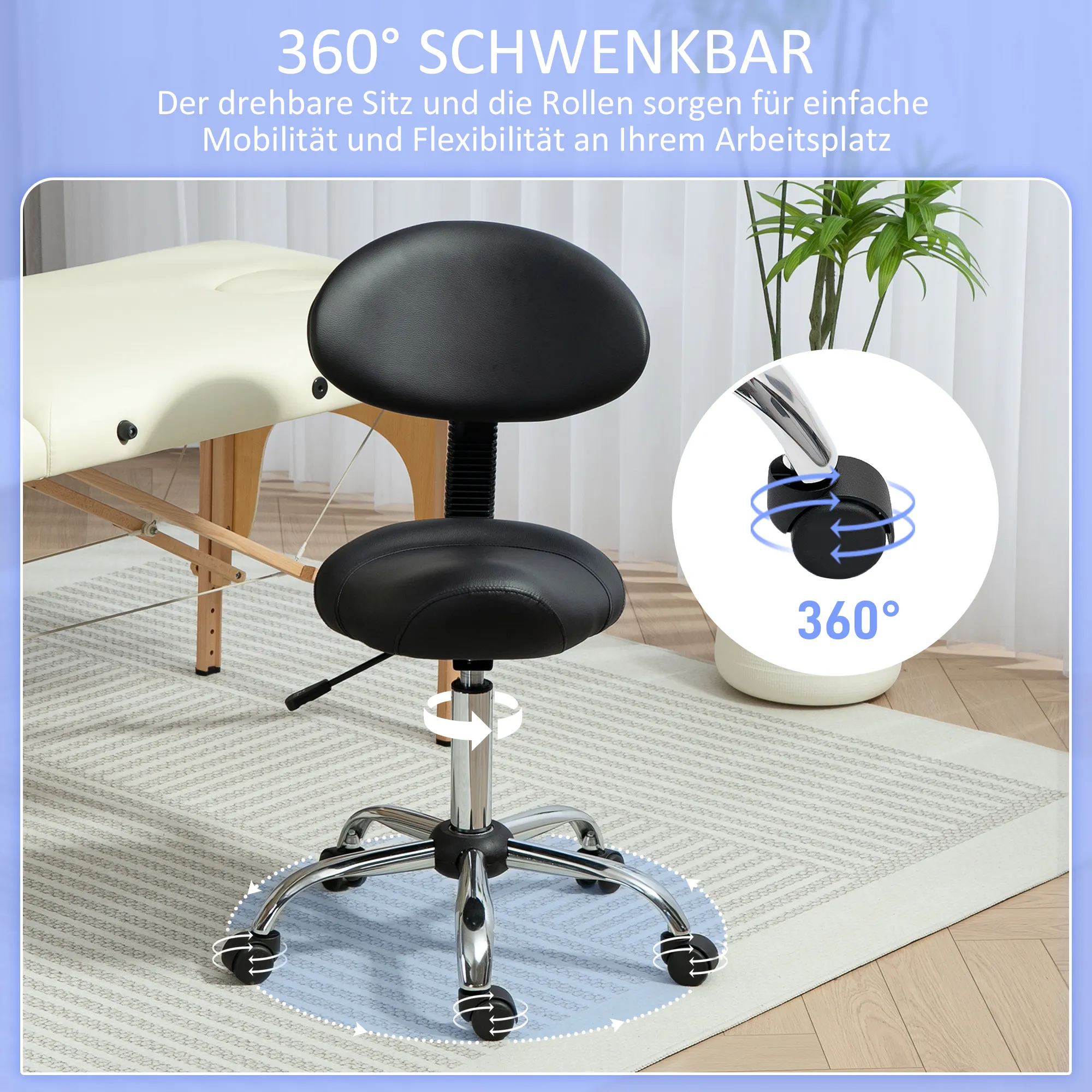 Höhenverstellbarer Rollhocker Schwarz 50L x 50B x 83-98H cm