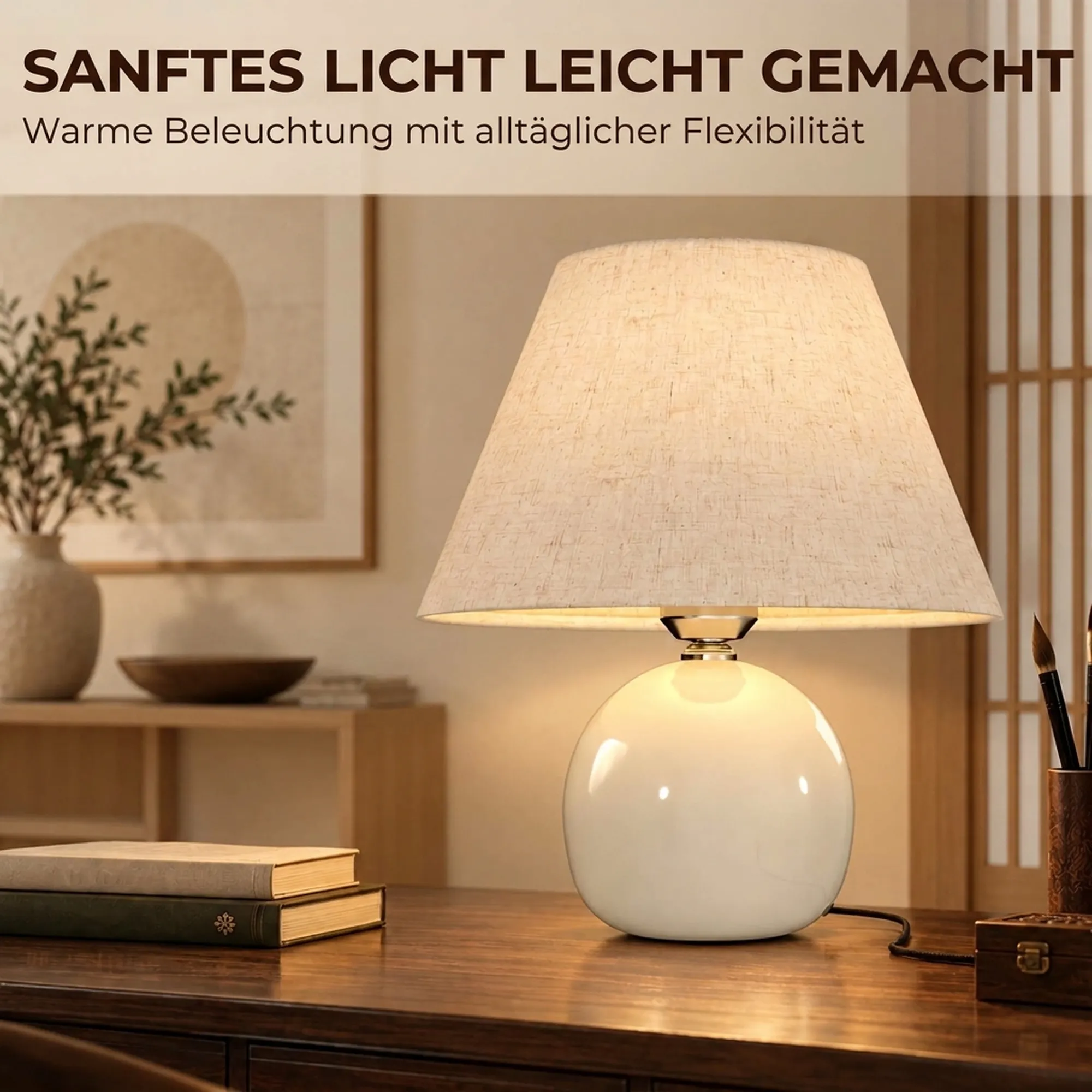 Tischlampe Vintage mit Keramiksockel und Leinen, Cremeweiß