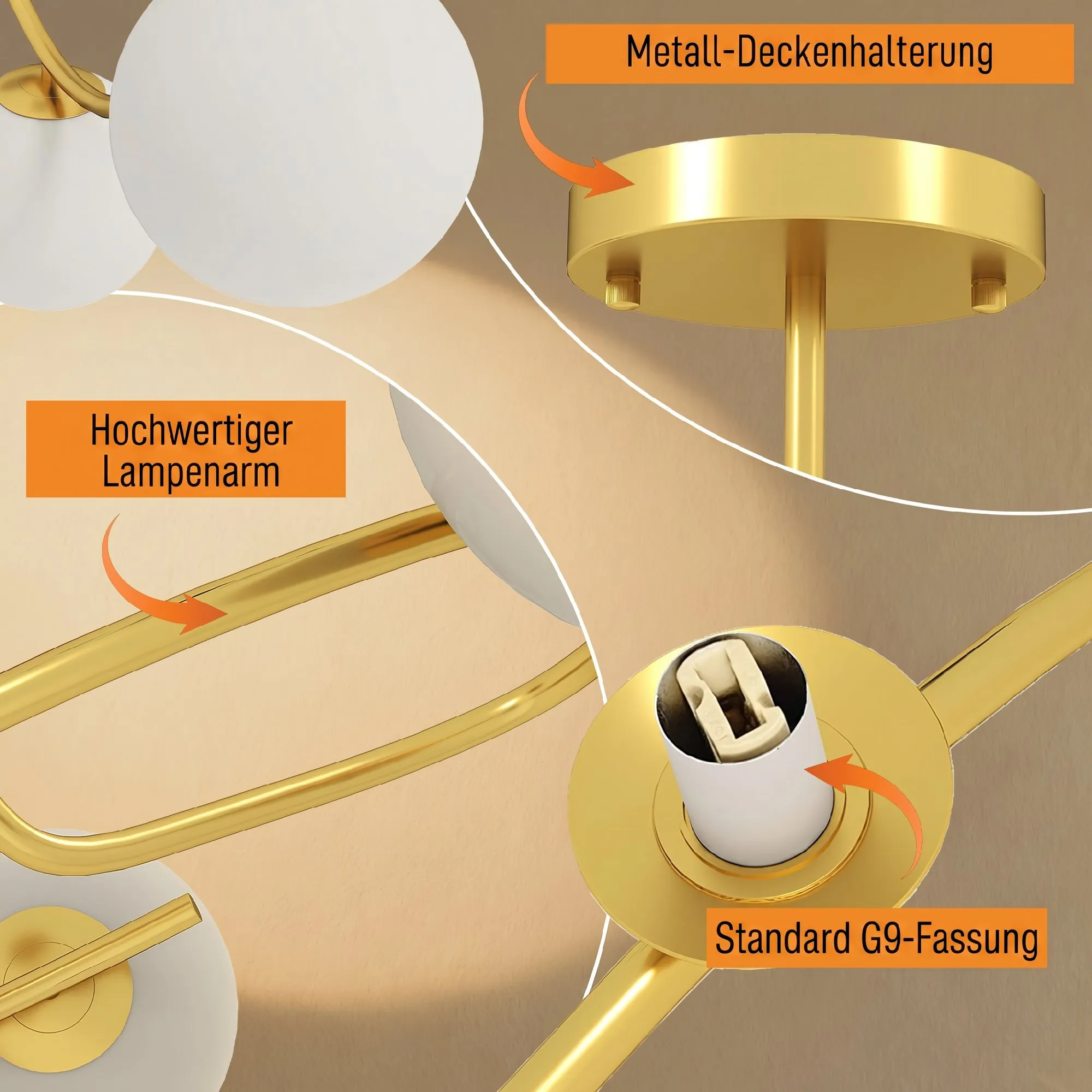 Deckenleuchte G9 mit 5 Schirmen, Metall, Ø64 cm, Gold-Weiß