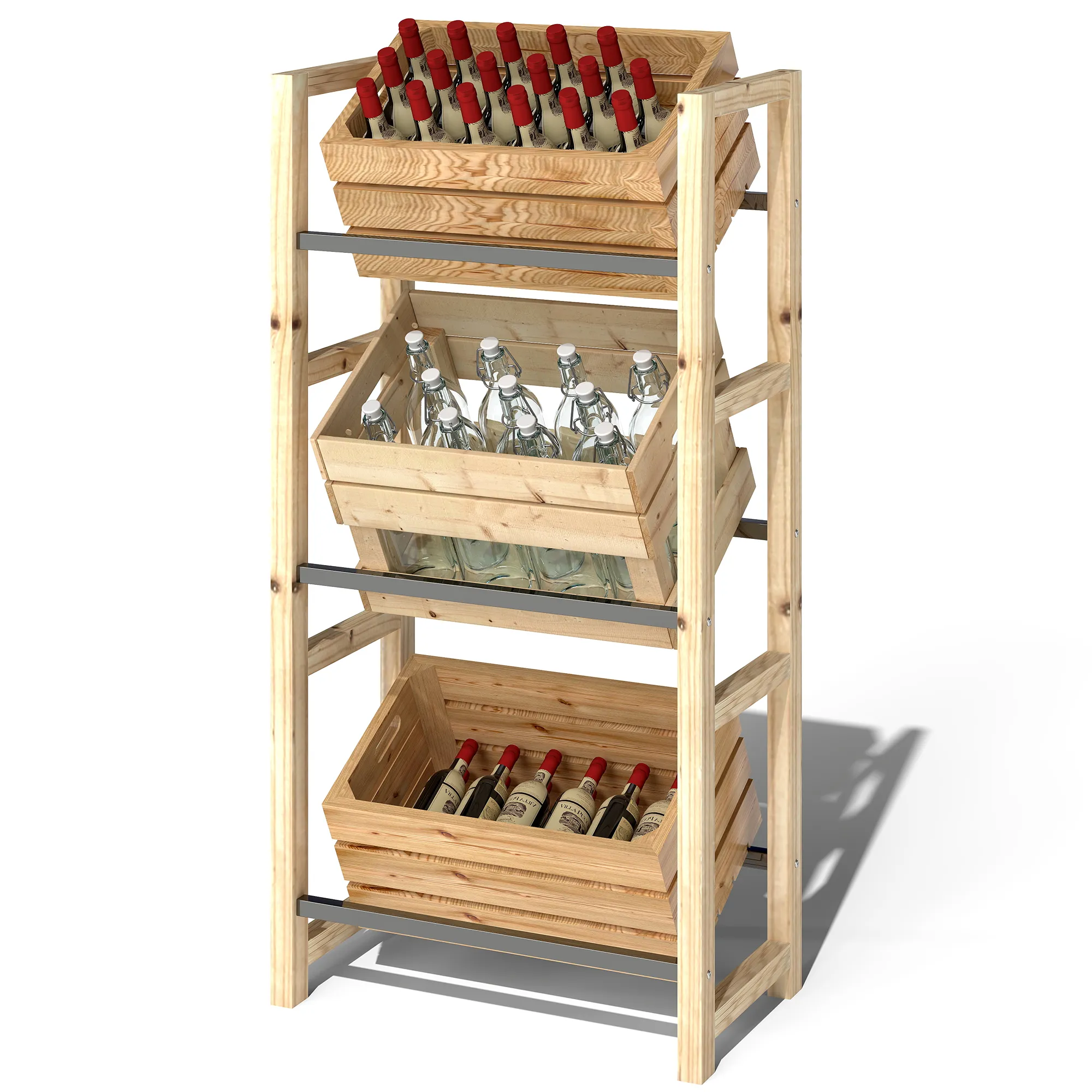 Getränkekistenregal für 3 Getränkekisten Getränkeregal Holz Kistenregal mit 3 Ebenen 56 x 32 x 112 cm Naturholz