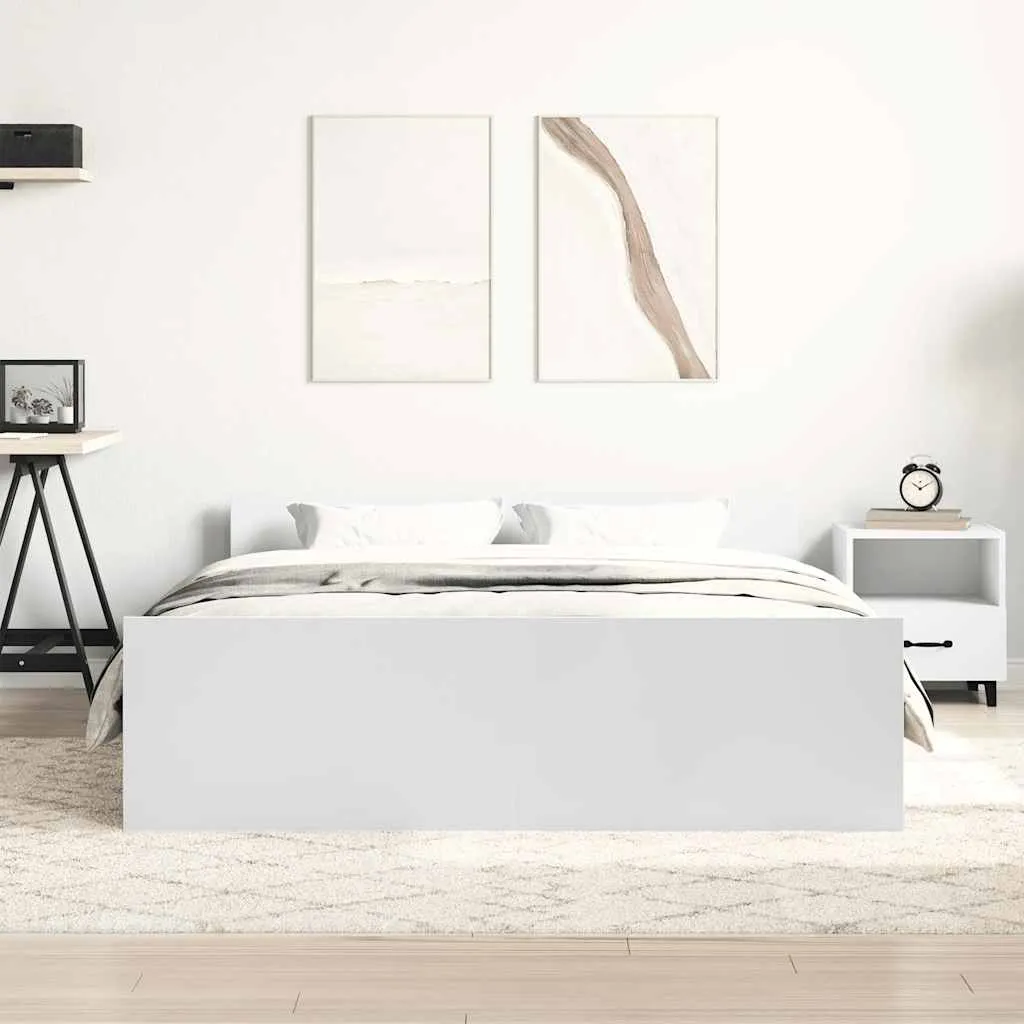 Weißes Bettgestell 203x143x50 cm aus Massivholz und Holzwerkstoff