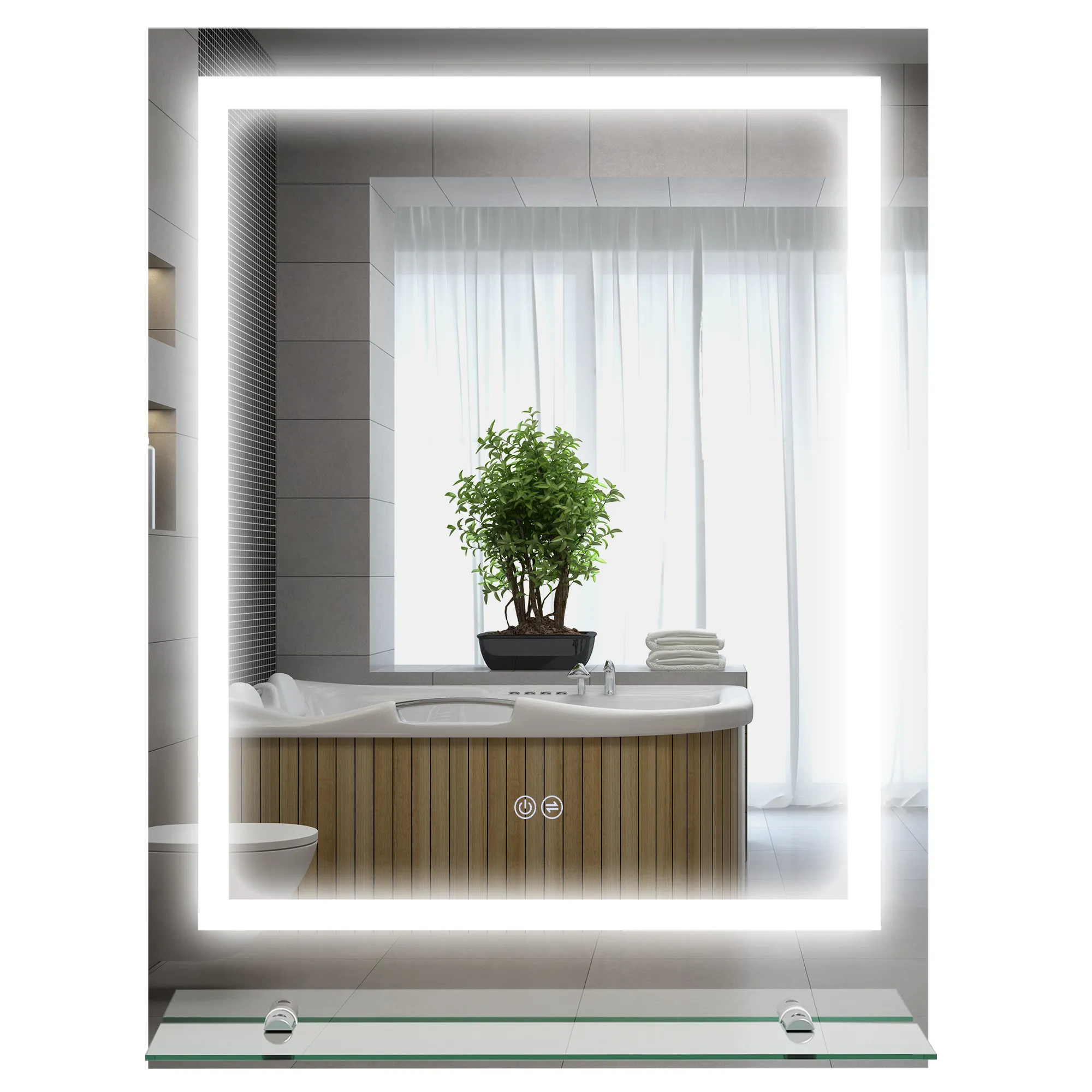 Badezimmerspiegel mit LED-Beleuchtung, 3 Lichtfarben, Antibeschlag-Funktion, verkabelt, 70 x 50 cm
