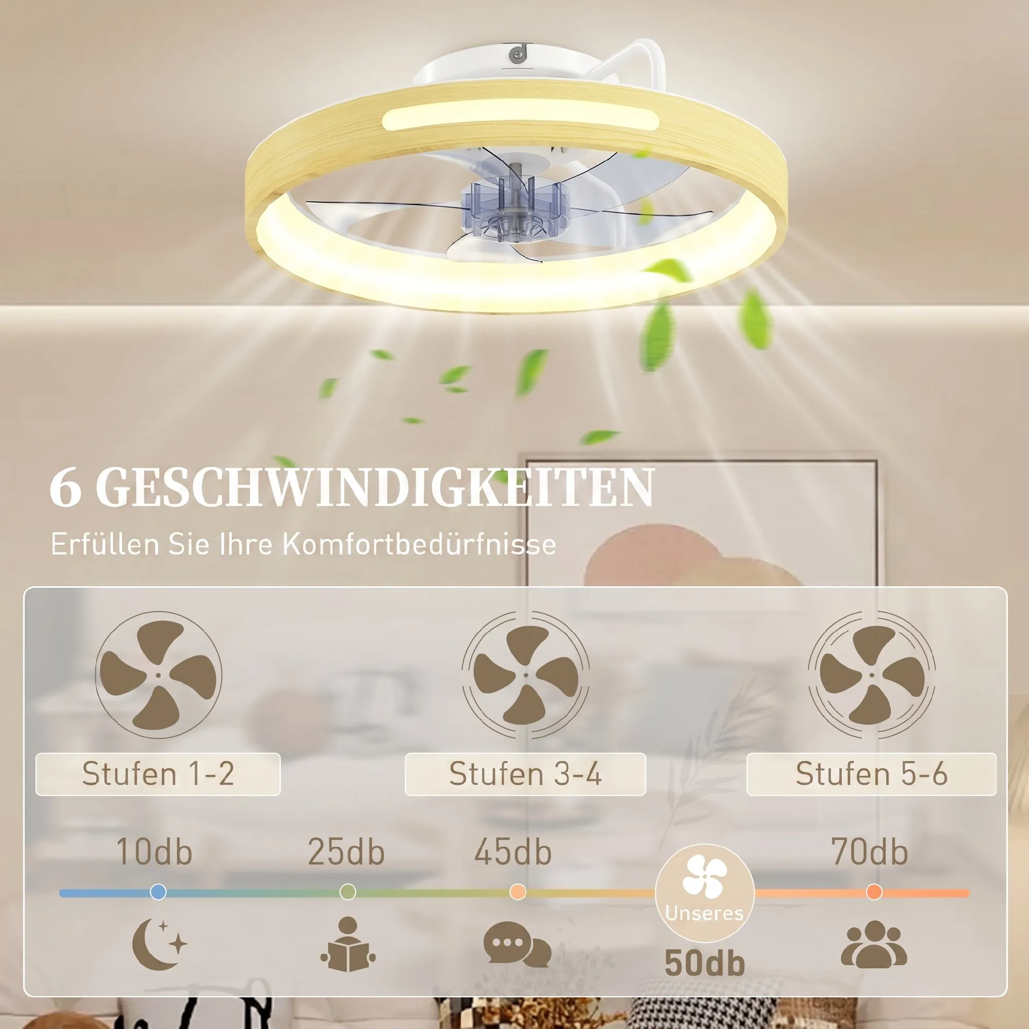 Deckenventilator mit Licht und Fernbedienung, 49 cm LED-Deckenventilator mit 3 Farbtemperaturen, natürliches Holzfinish