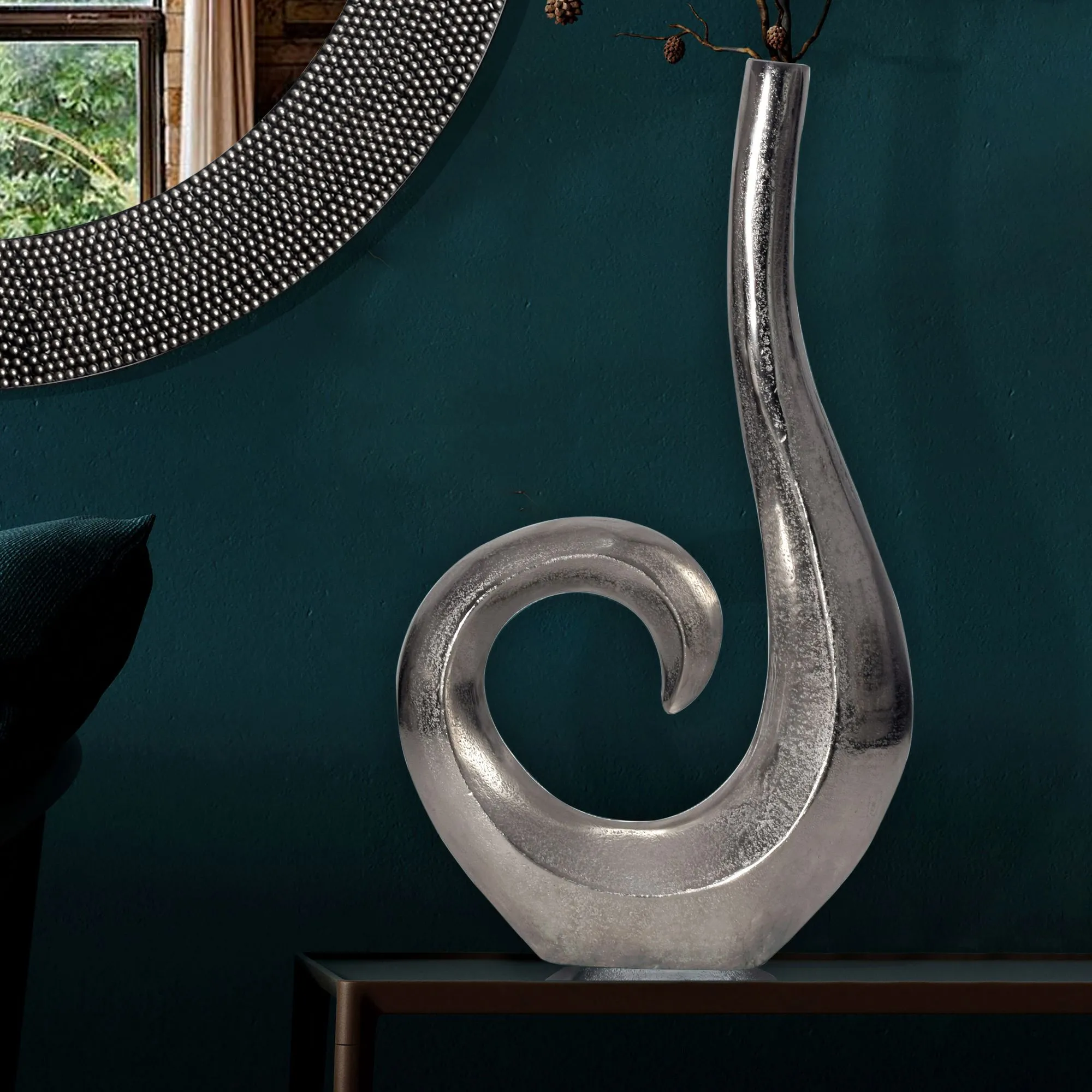 Deko Vase 47 cm Aluminium Silber Spirale Blumenvase Modern Klein