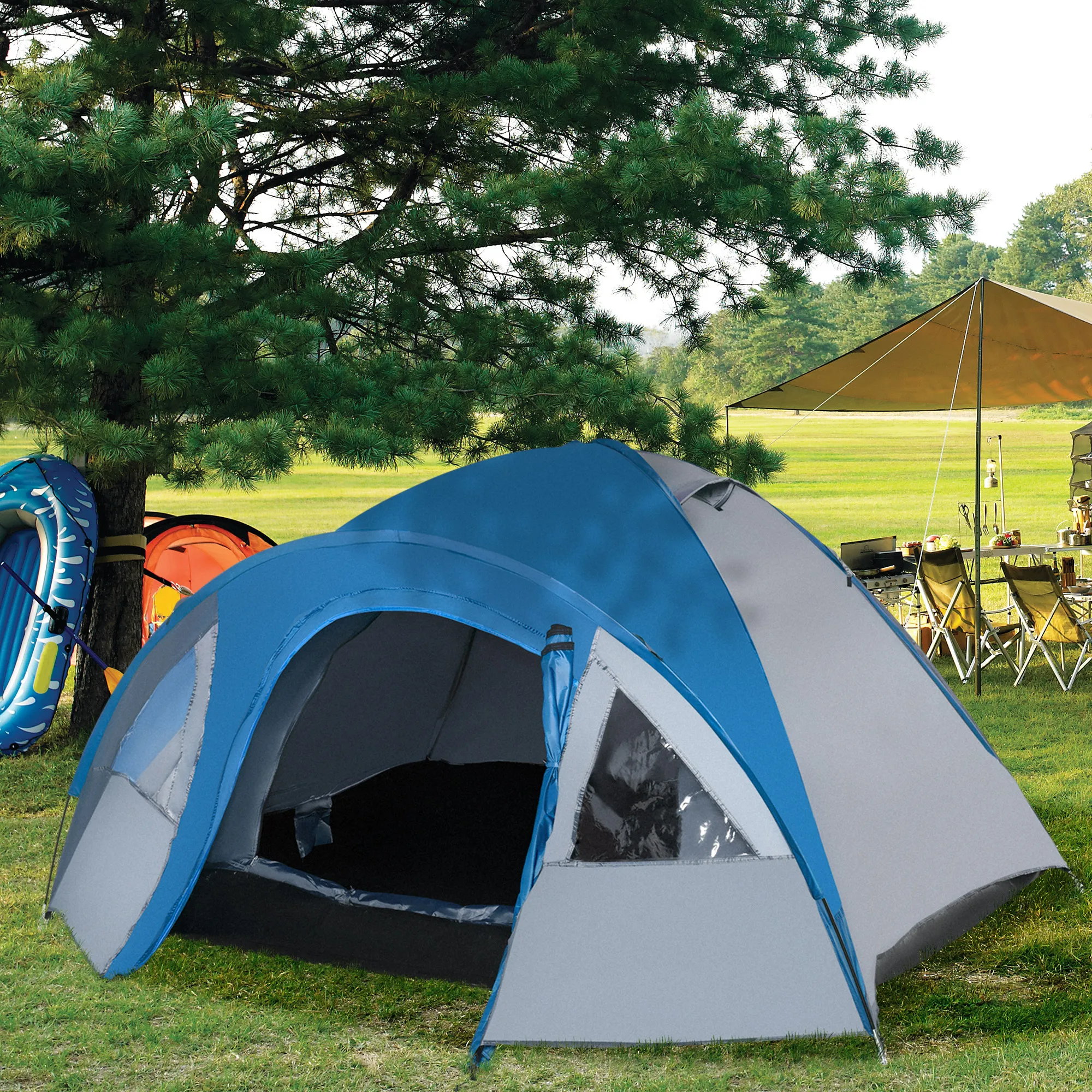 Campingzelt 4 Personen 250x300x130 cm Blau-Grau