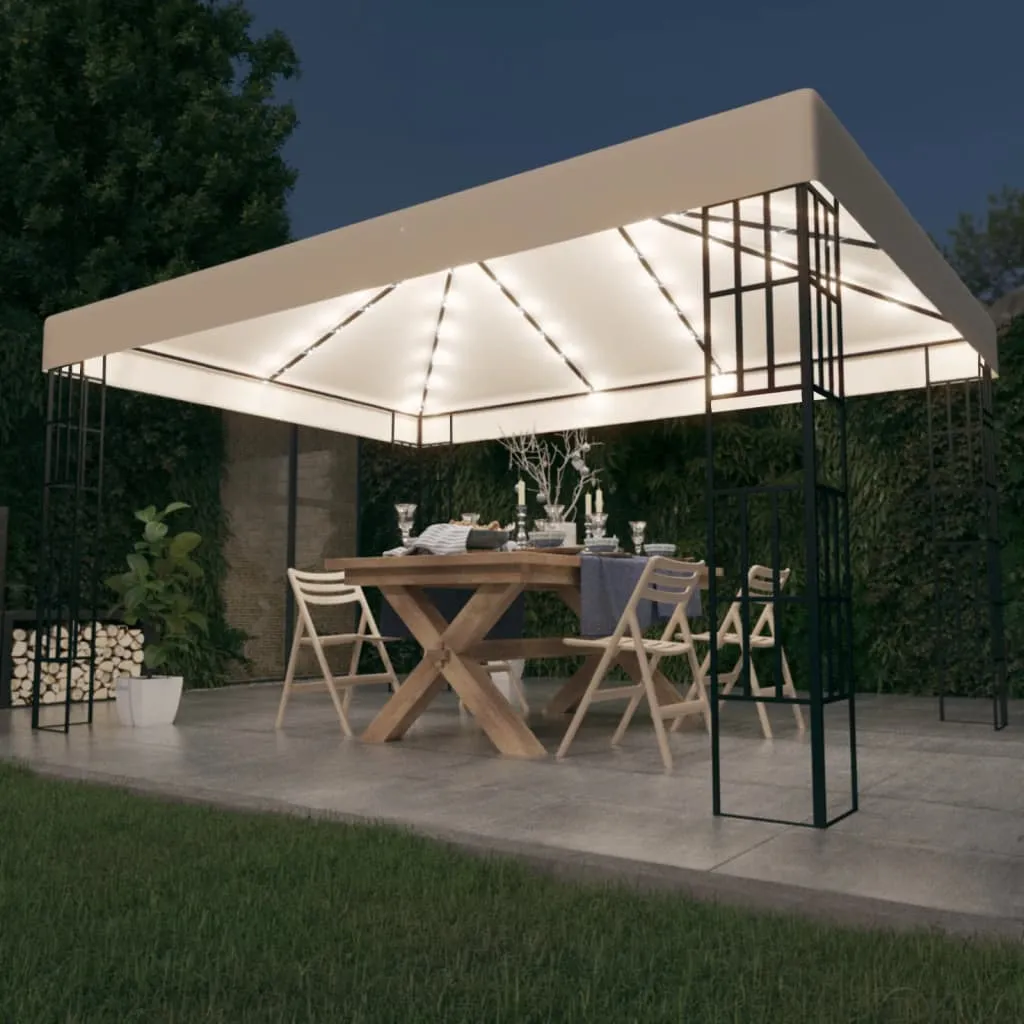 Gartenpavillon 3×4×2,6 m Creme und Schwarz mit Solar-Lichterkette