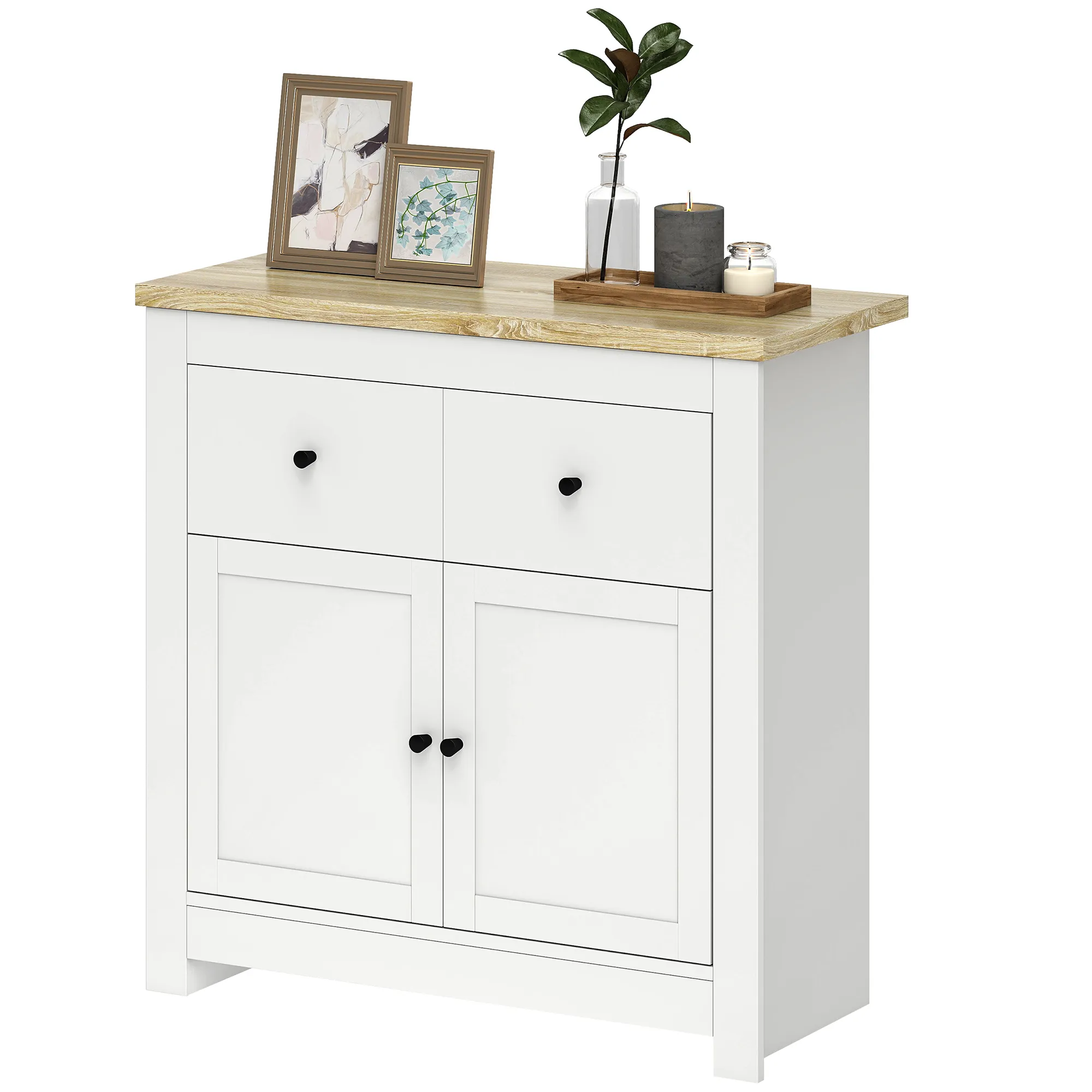 Kommode mit viel Stauraum, Sideboard mit Soft-Close-Türen, 2 Schubladen, verstellbares Regal, Weiß Kommode mit viel Stauraum, Sideboard mit Soft-Close-Türen, 2 Schubladen, verstellbares Regal, Weiß
