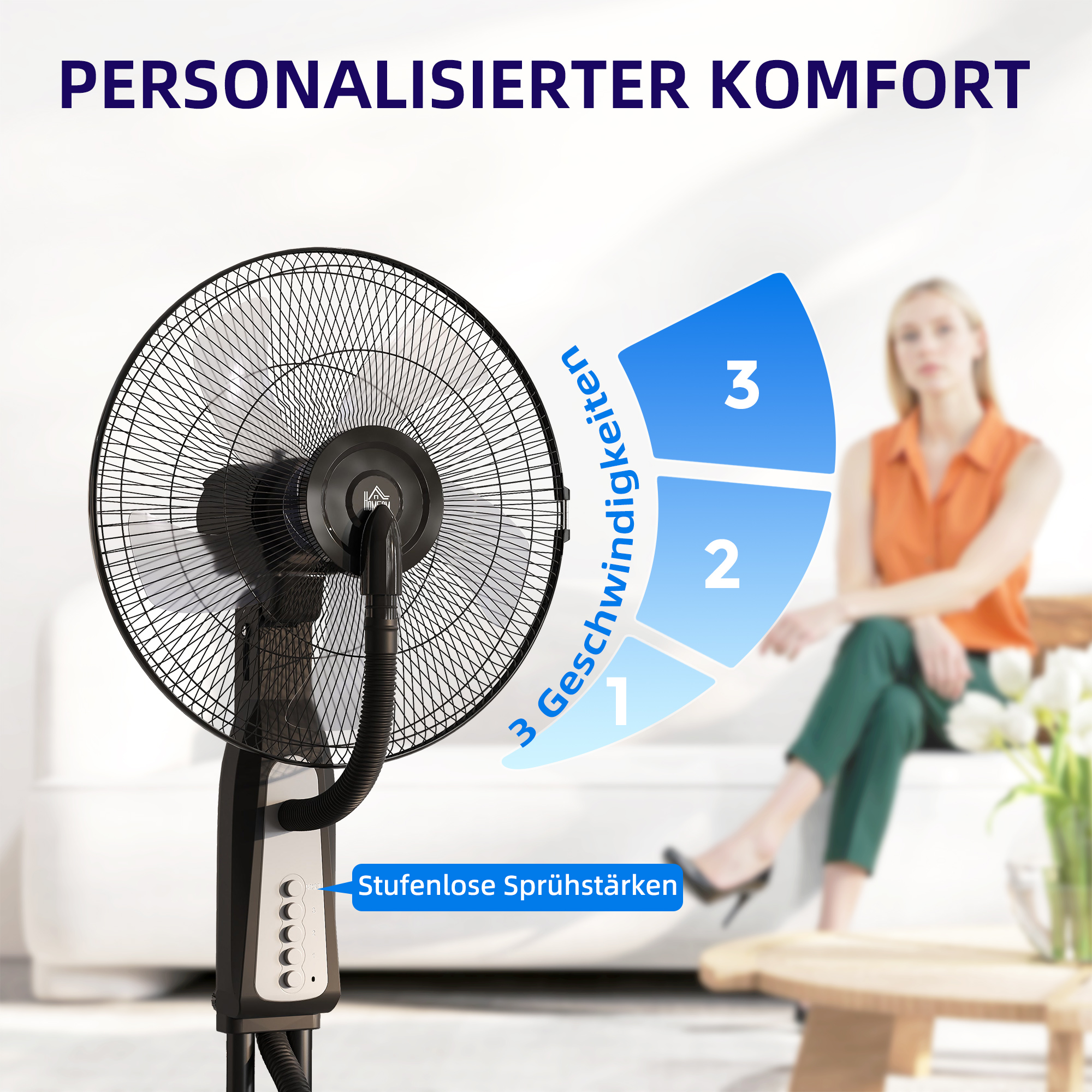 Ventilator mit Sprühnebel 50L x 40B x 125H cm Schwarz