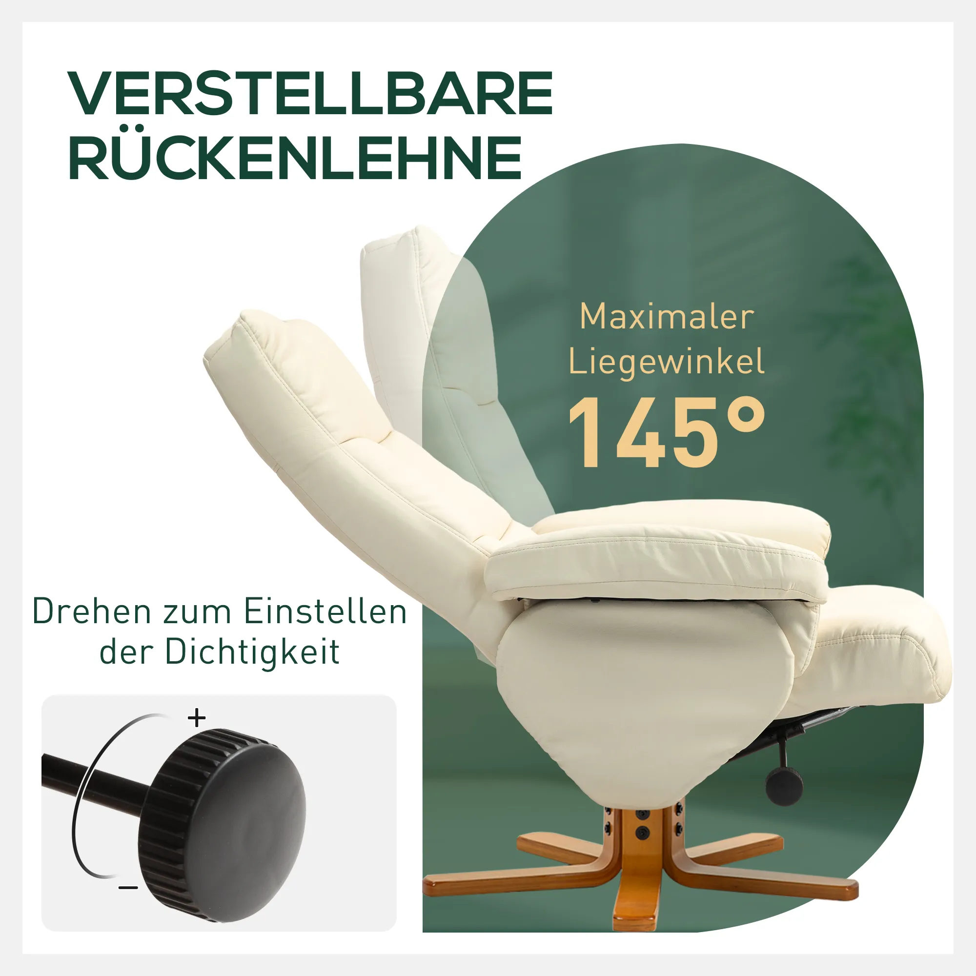 Relaxsessel mit Hocker, 145° neigbare Rückenlehne, 360° drehbar, Kunstleder, Cremeweiß