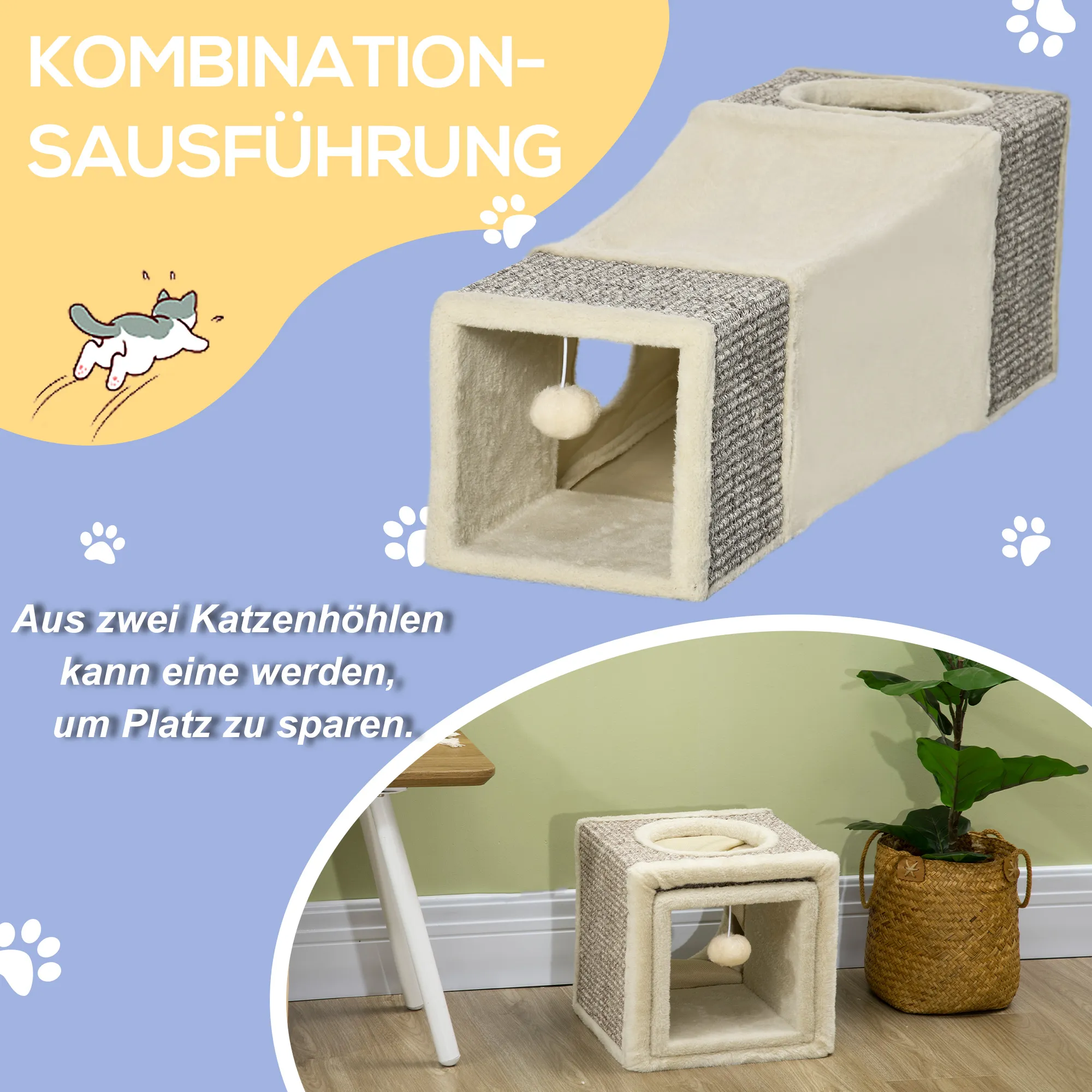 Katzentunnel 98L x 30B x 30H cm in Braun und Beige