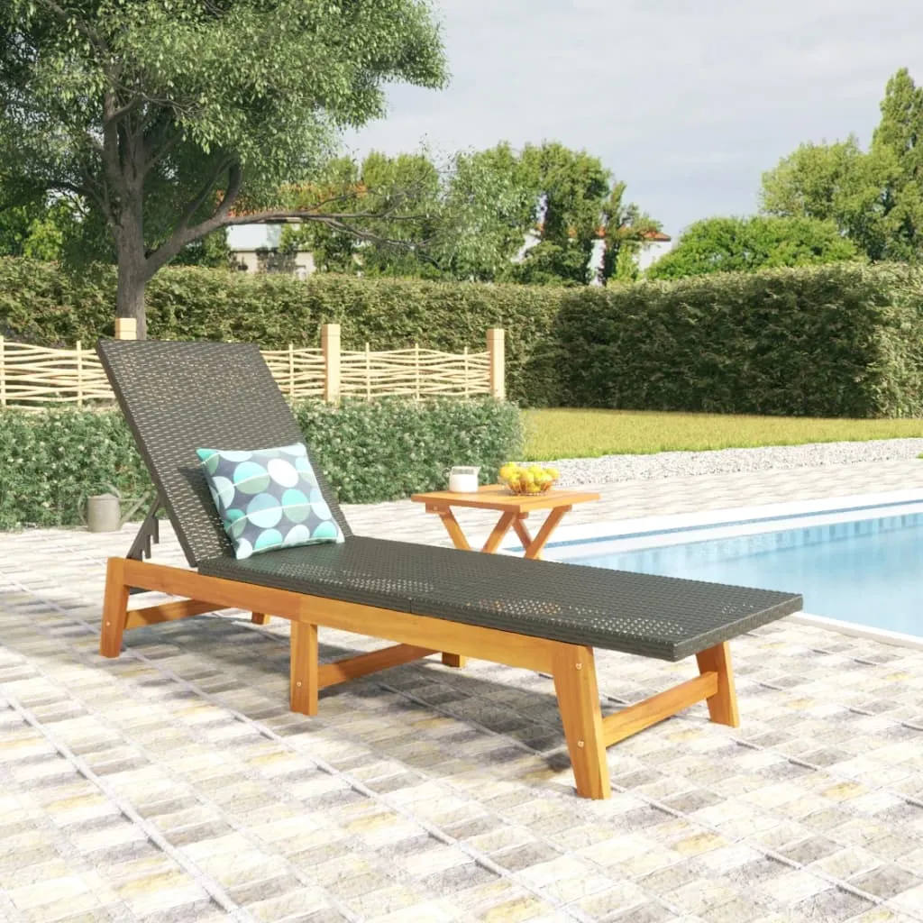 Sonnenliege aus Echtholz und PE-Rattan 200x54x87 cm Schwarz Braun