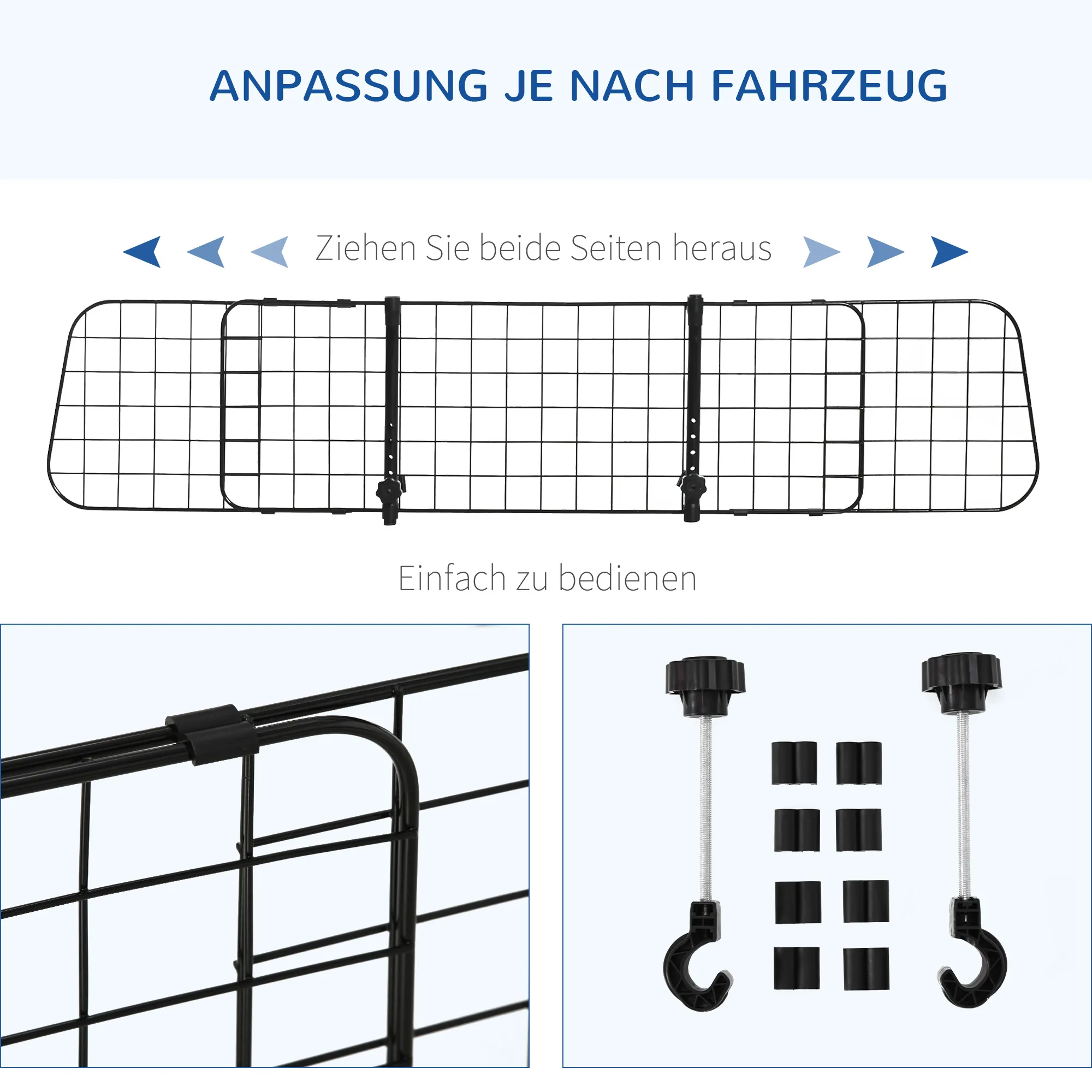 Hundegitter Auto Universal Autoschutzgitter für Hunde mit Stufenlos Verstellbare Breite, Trenngitter für Kofferraum Hunde Autogitter Hundeschutzgitter Schutzgitter 91-152 x 30 cm