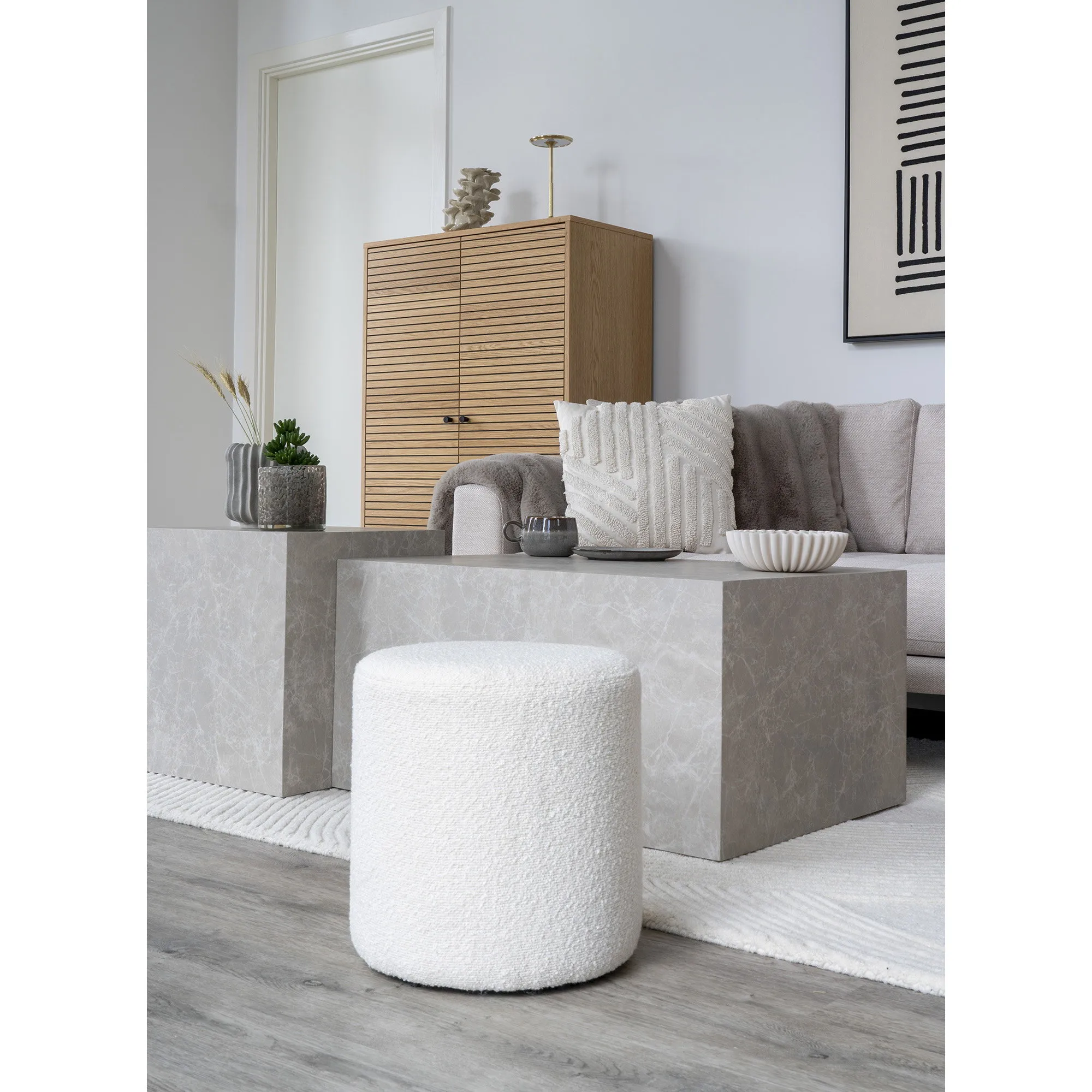 tinkaro Pouf Ejby Stoff, Sperrholz, Kiefernholz Weiß