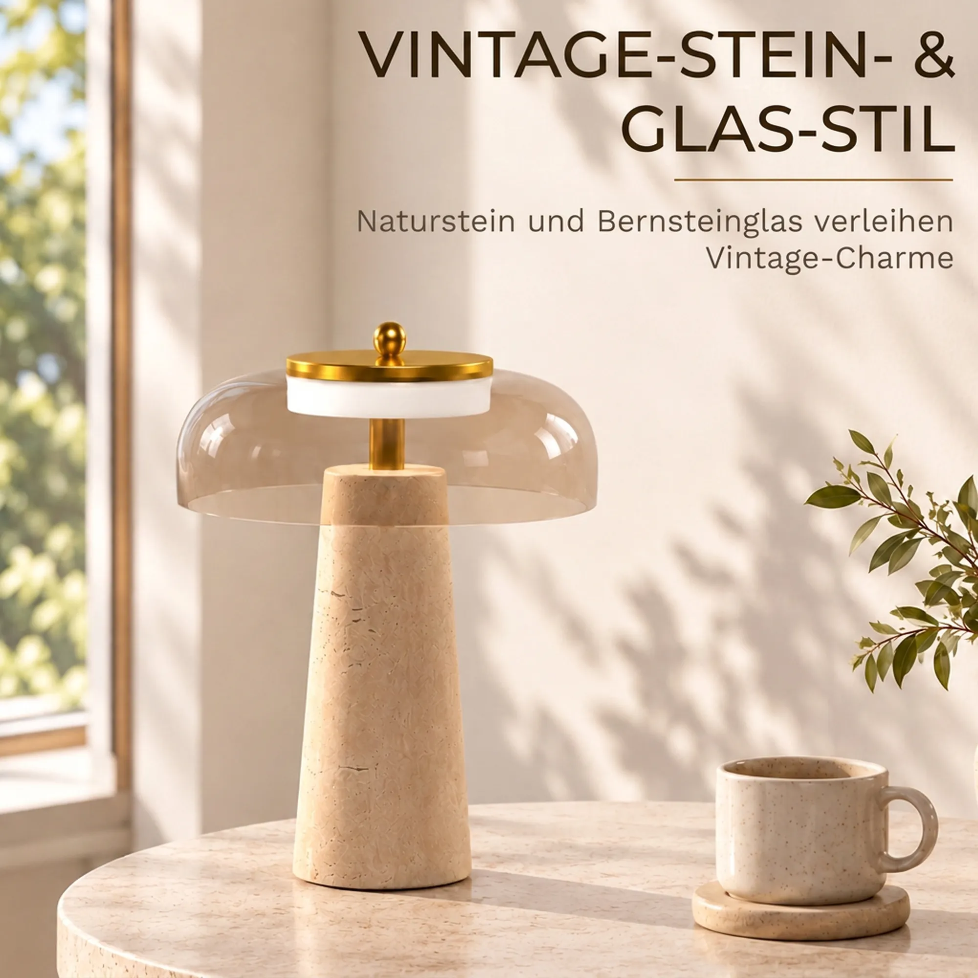 Tischlampe Vintage LED Travertin Glasschirm Bernstein 23x23x31 cm