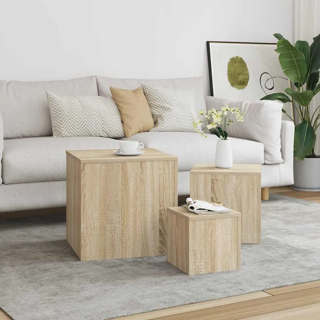 Beistelltische Set Sonoma-Eiche 45x45x45, 35x35x35 & 24x24x24 cm Massivholz