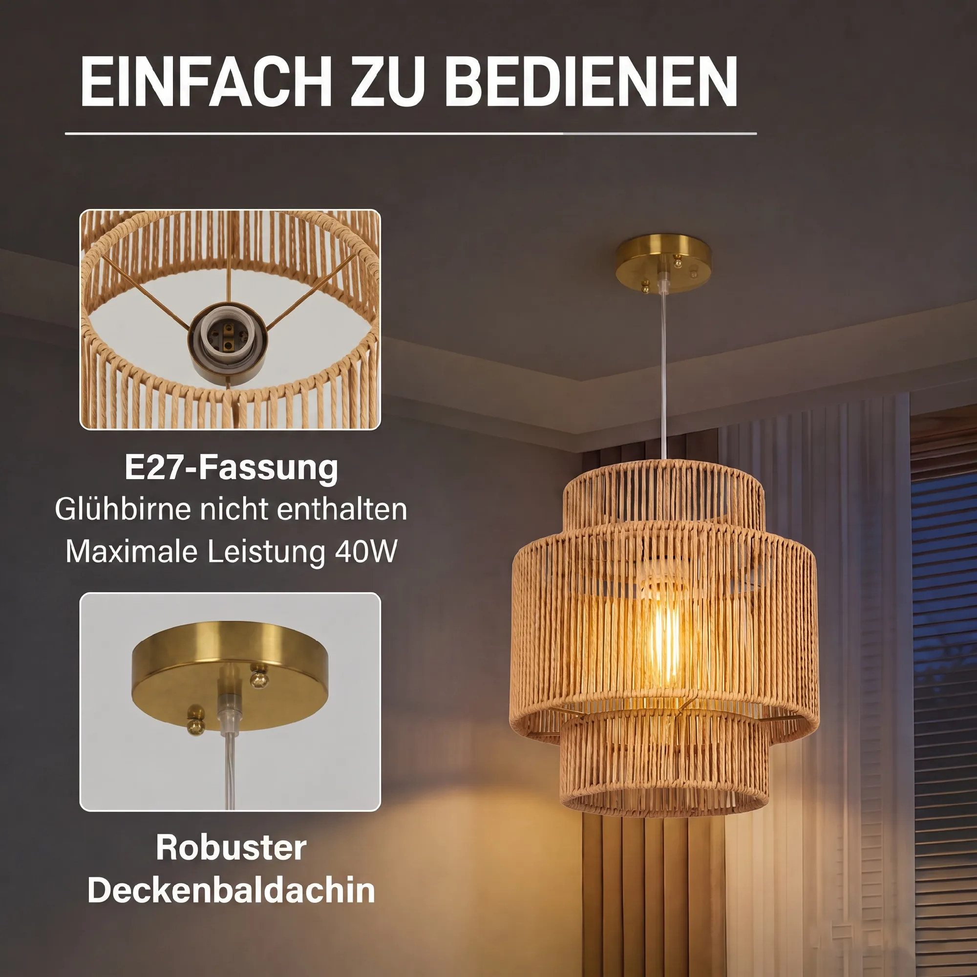 Hängelampe Boho-Stil 3-stufig aus Metall und Hanfseil, Hellbraun