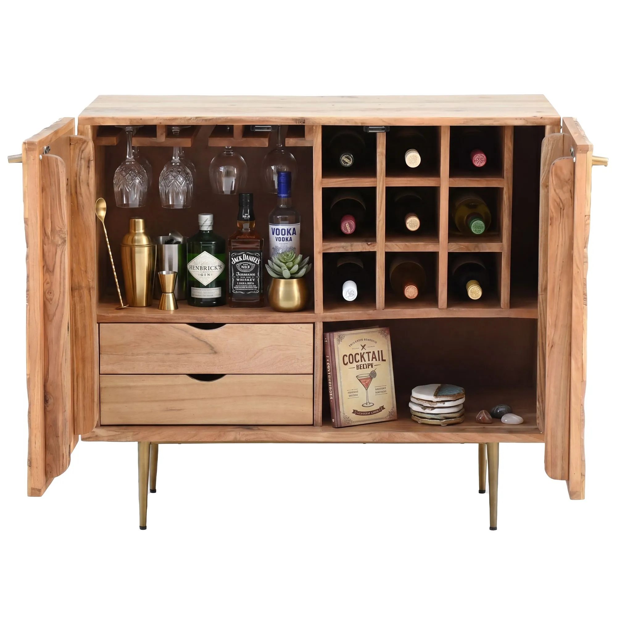 Barschrank Akazie Massivholz 90cm Natur mit Weinregal - Design Hausbar mit Glashalter - Weinschrank Holz mit Türen - Getränkeschrank Weinkommode Holz Bar Wohnzimmer Handmade