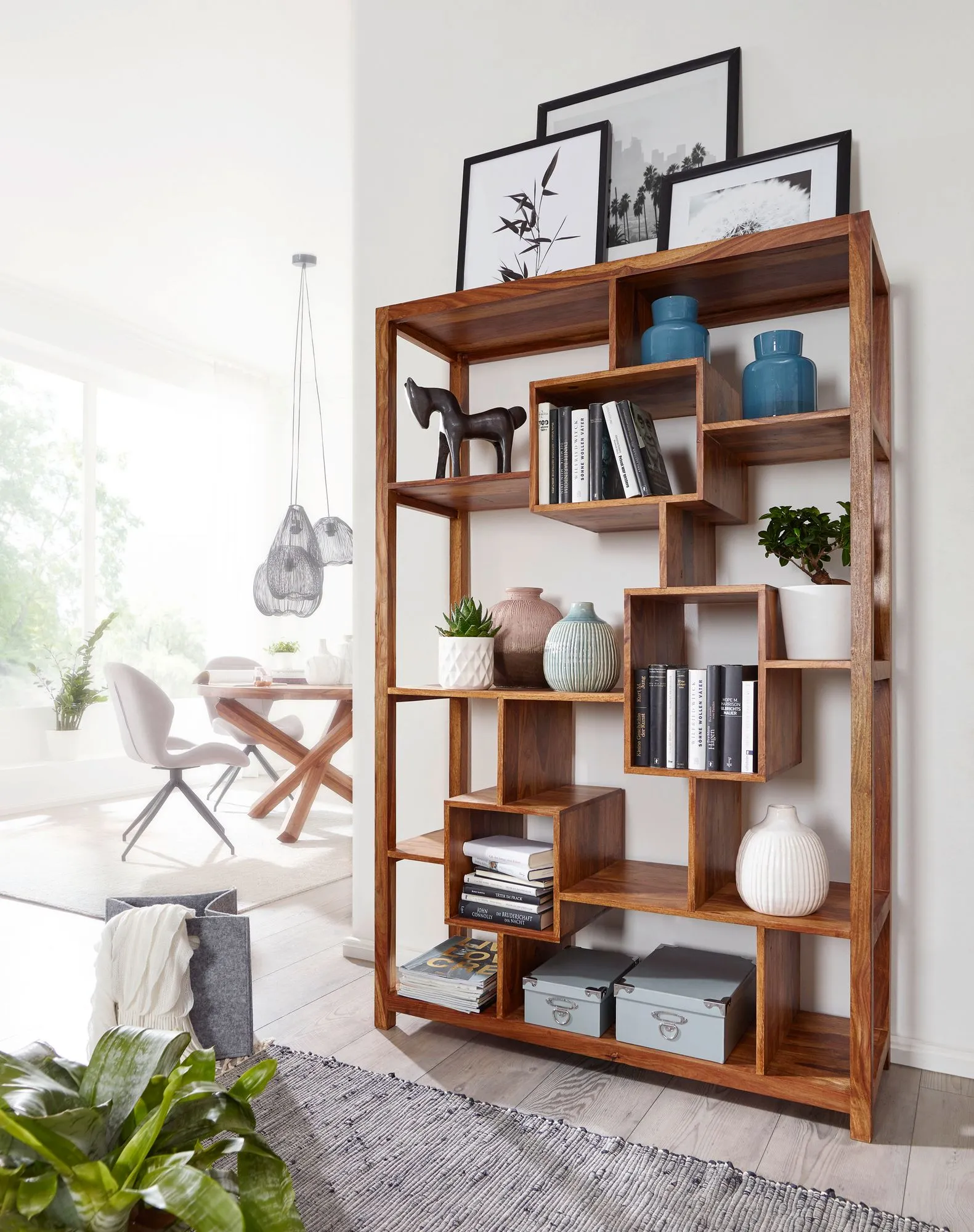 tinkaro Bücherregal eckig ANCILLA Massivholz Sheesham Regal Braun