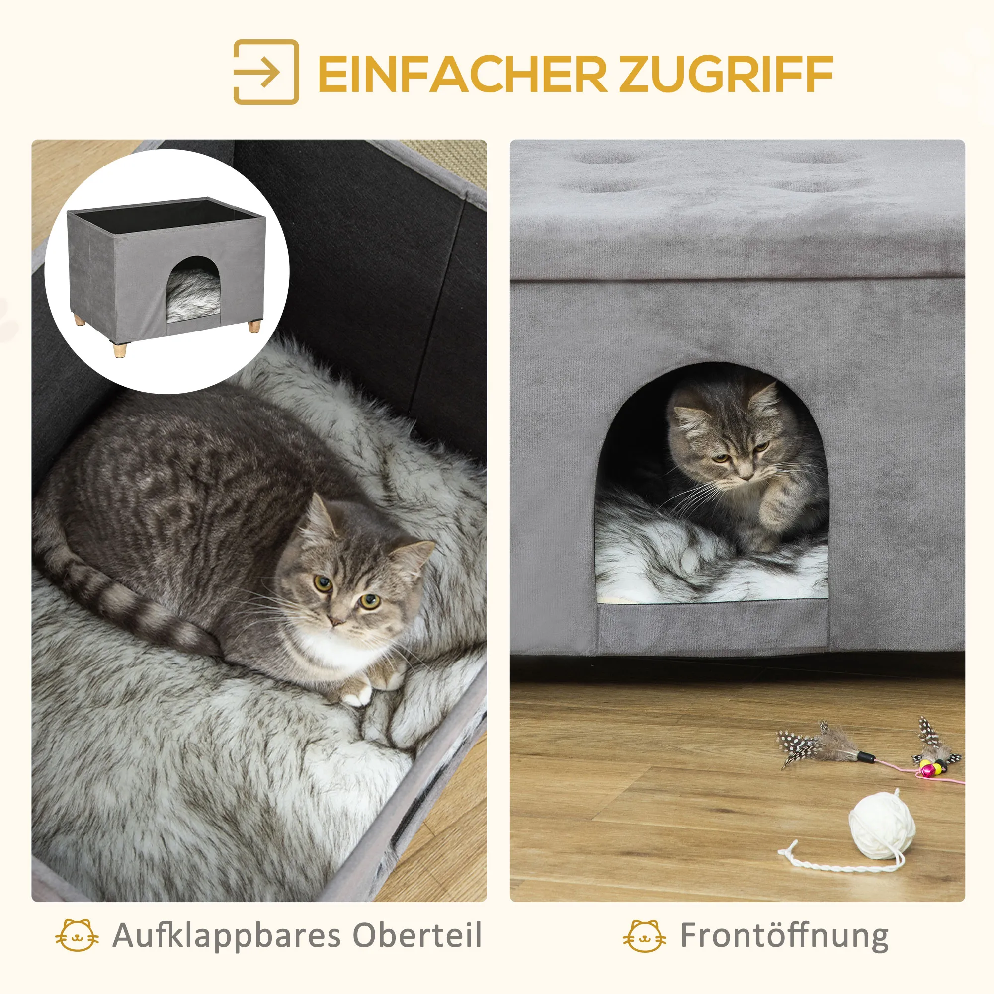 Katzenhaus Grau Schwarz Weiß 60B x 45T x 44,5H cm