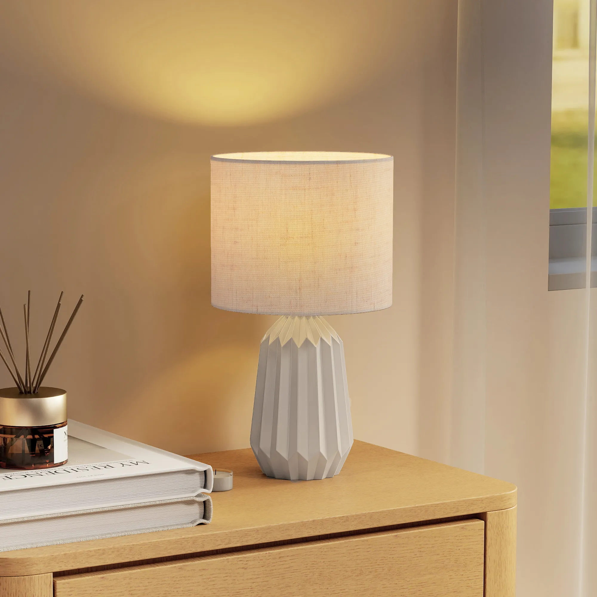Tischlampe Nachttischlampe Keramik Leinen Beige 22x22x39 cm