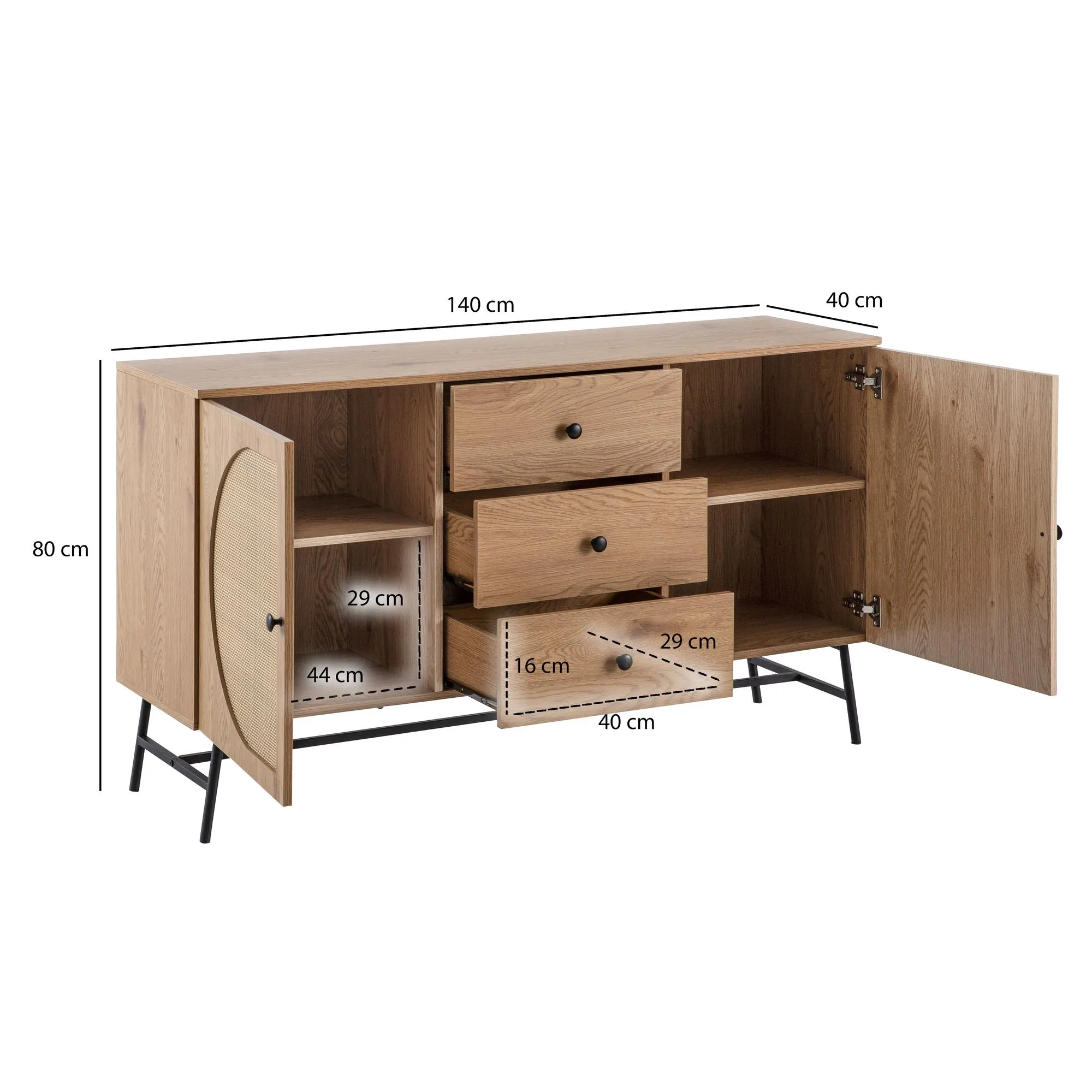 Sideboard 140x80x40 cm Kommode Eiche-Dekor mit Rattan Geflecht Modern