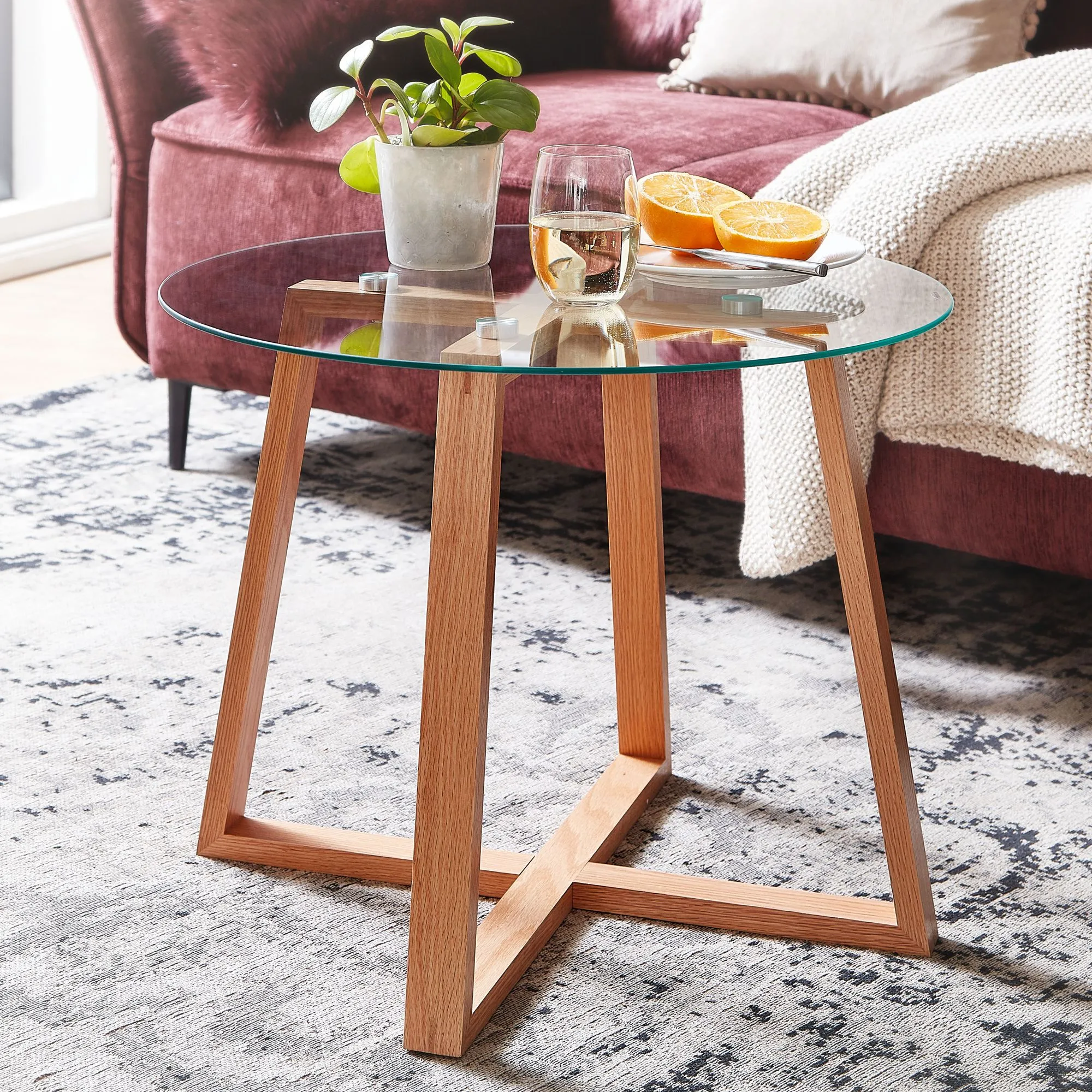 tinkaro kleiner Couchtisch BENTE Sofatisch Glas Eiche Wohnzimmertisch rund modern