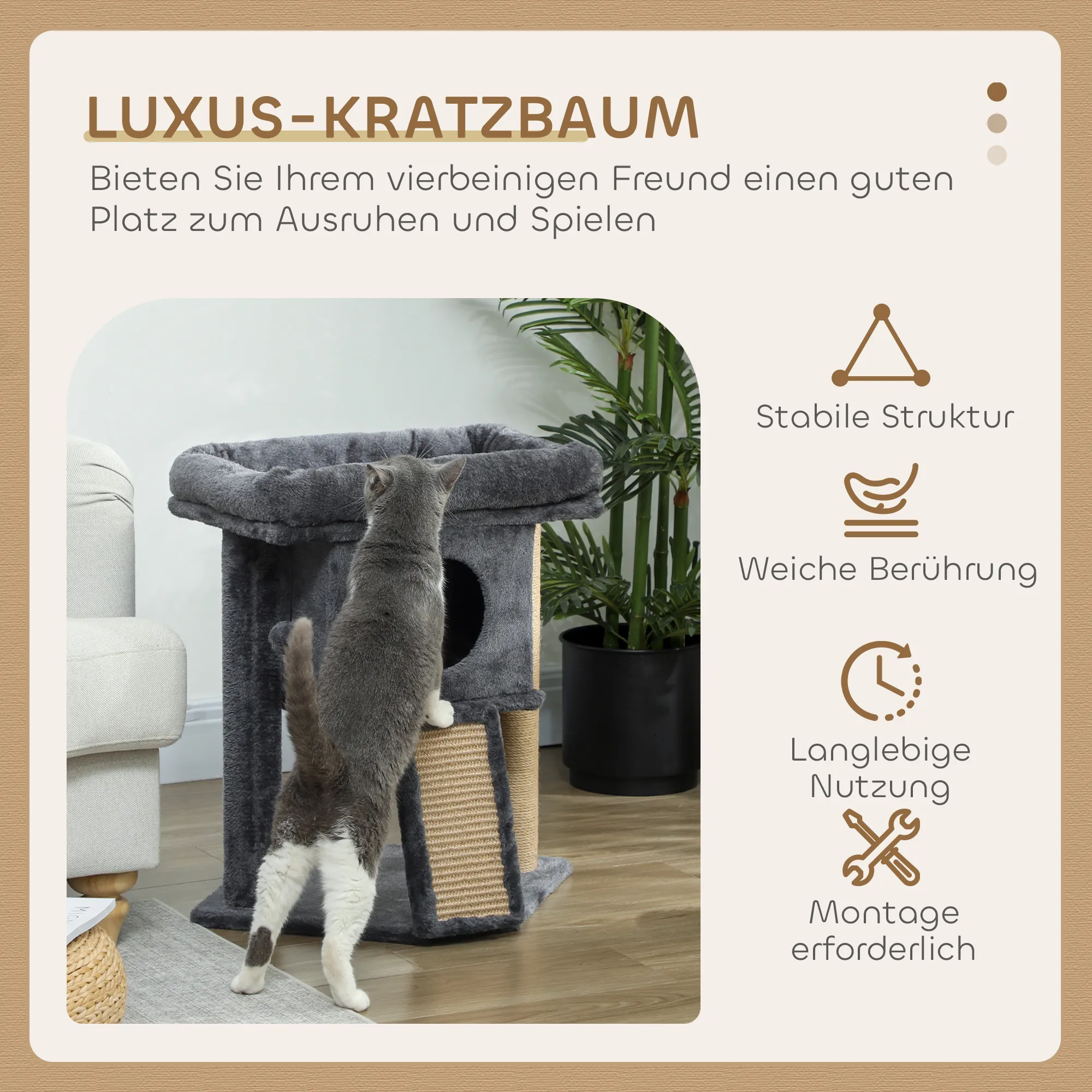 Kratzbaum mit Jute-Kratzmatte, Liegeplattform, Spielball, Katzenhaus, Beige, 40 x 40 x 57 cm