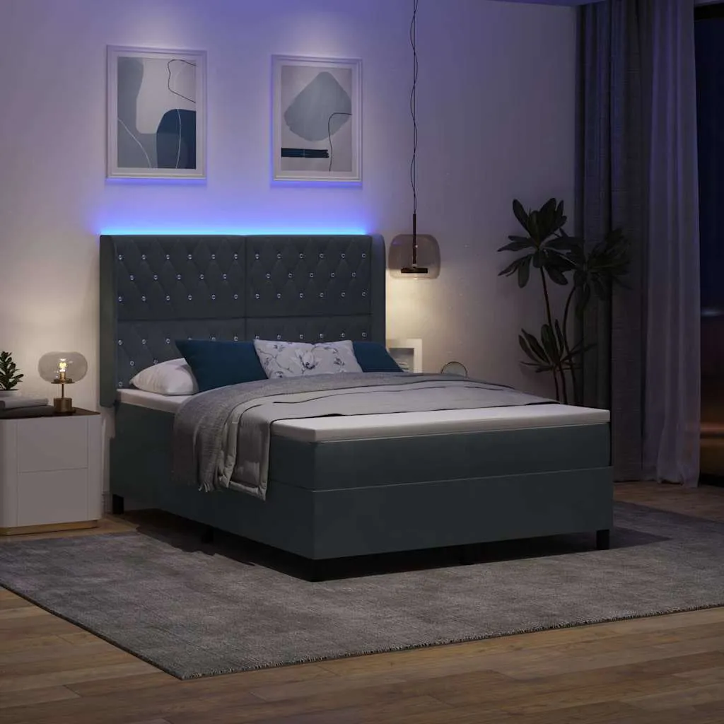 Boxspringbett mit LED-Beleuchtung, Samt, 140x200 cm, Dunkelgrau