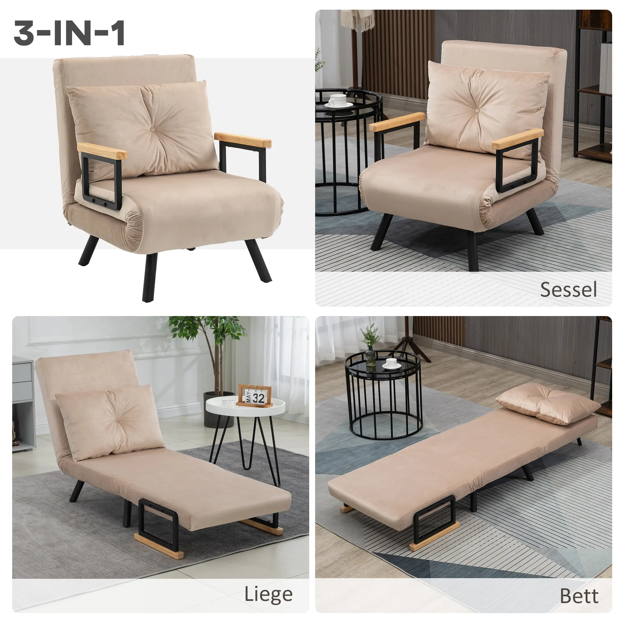 Beiger Schlafsessel 63B x 73T x 81H cm - Multifunktional und bequem
