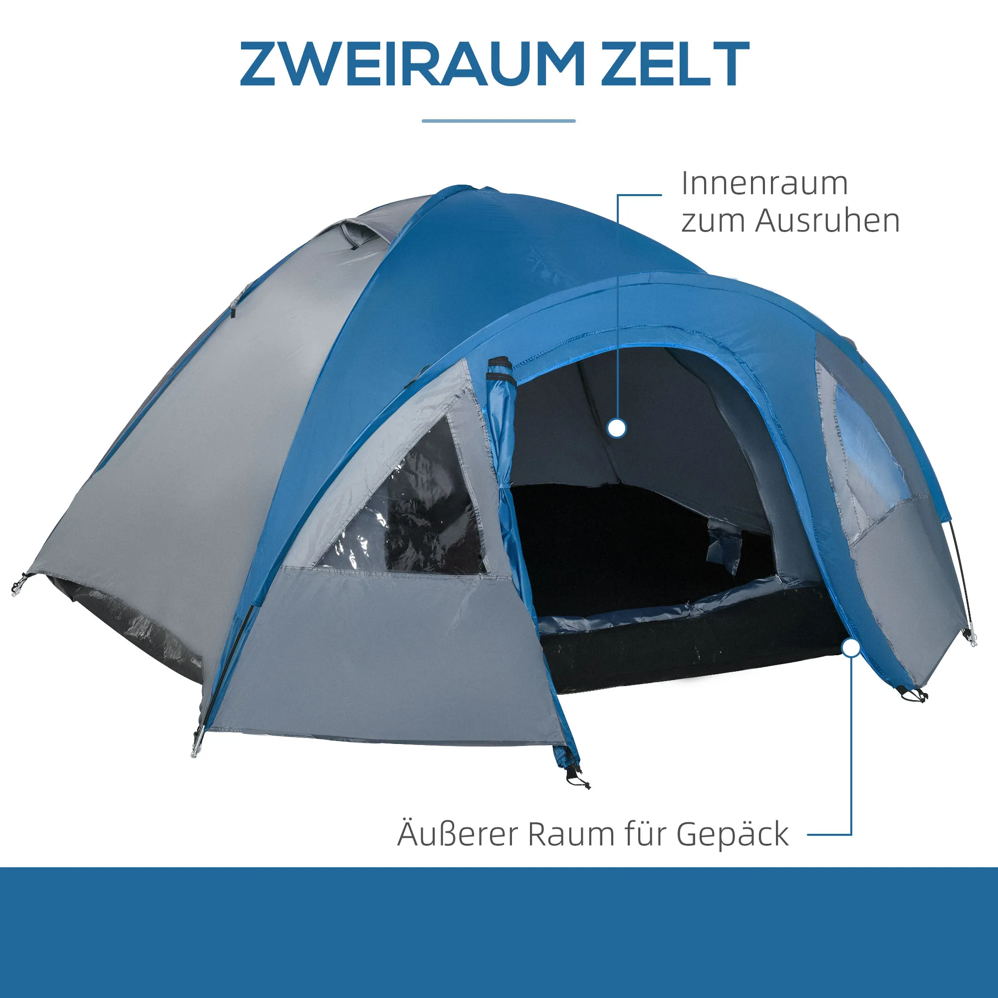 Campingzelt 4 Personen 250x300x130 cm Blau-Grau