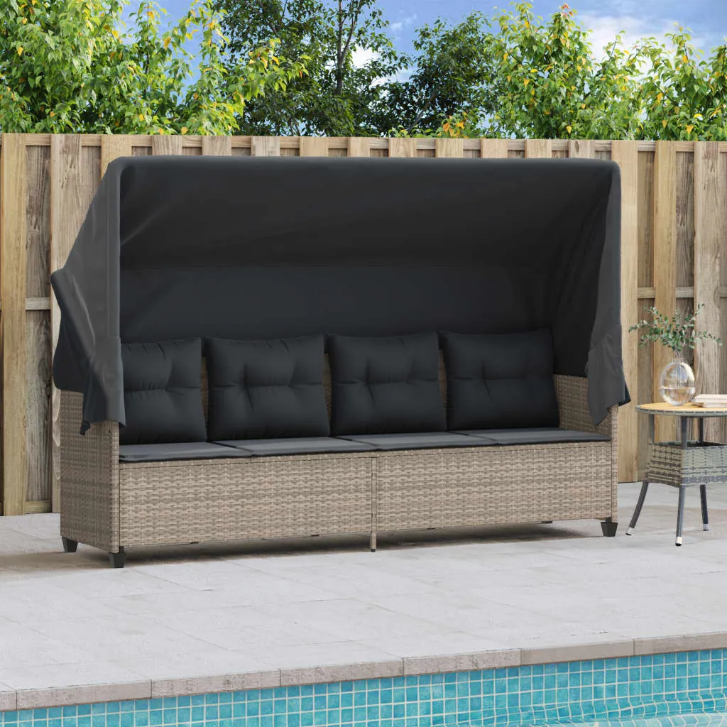 Sonnenliege mit Dach 204x75x140 cm Hellgrau aus PE-Rattan und Stahl